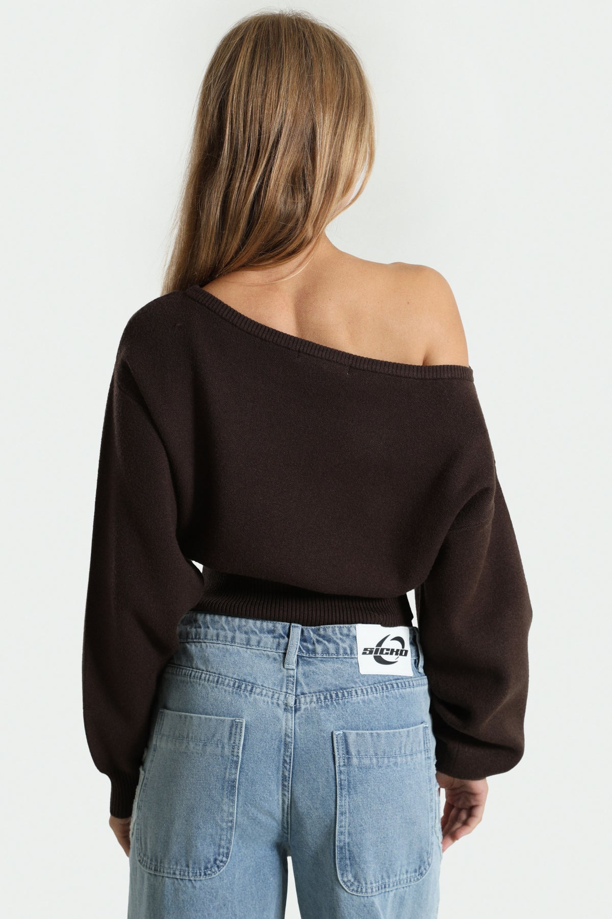 Off Shoulder Strickpullover - Dunkelbraun