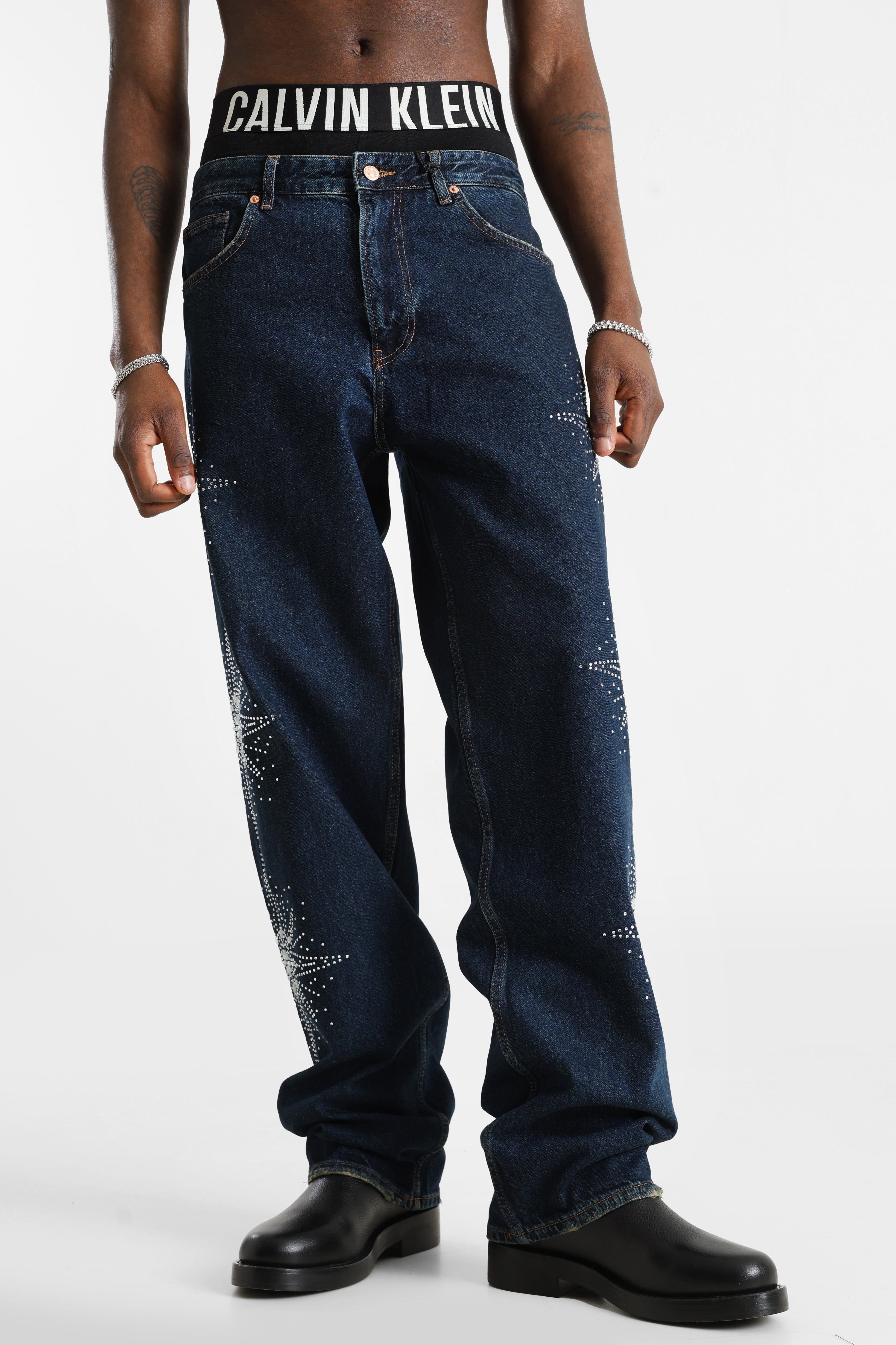 Loose Fit Jeans mit Strass - Dark Blue Denim