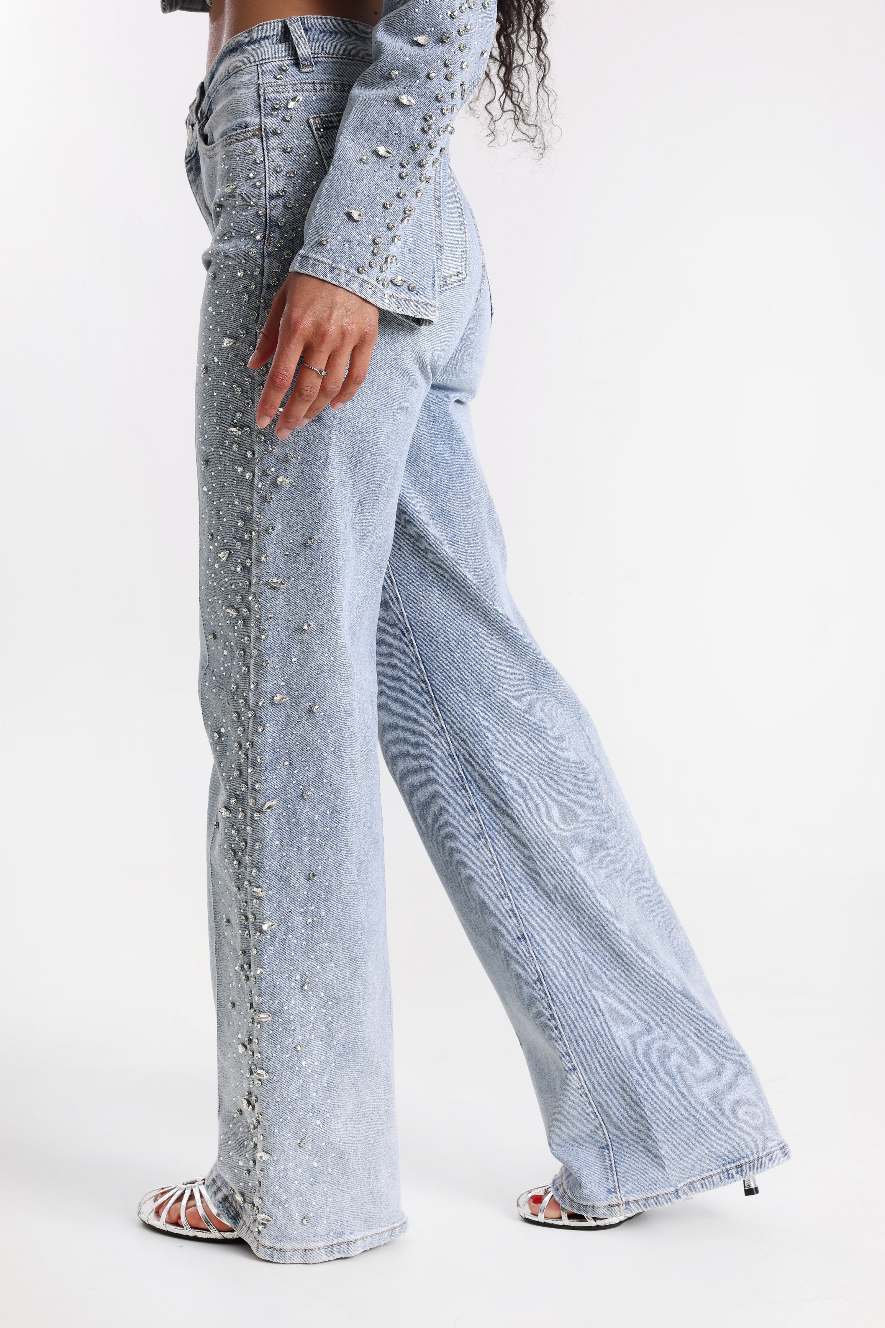 Jeans a gamba larga con strass - Blue