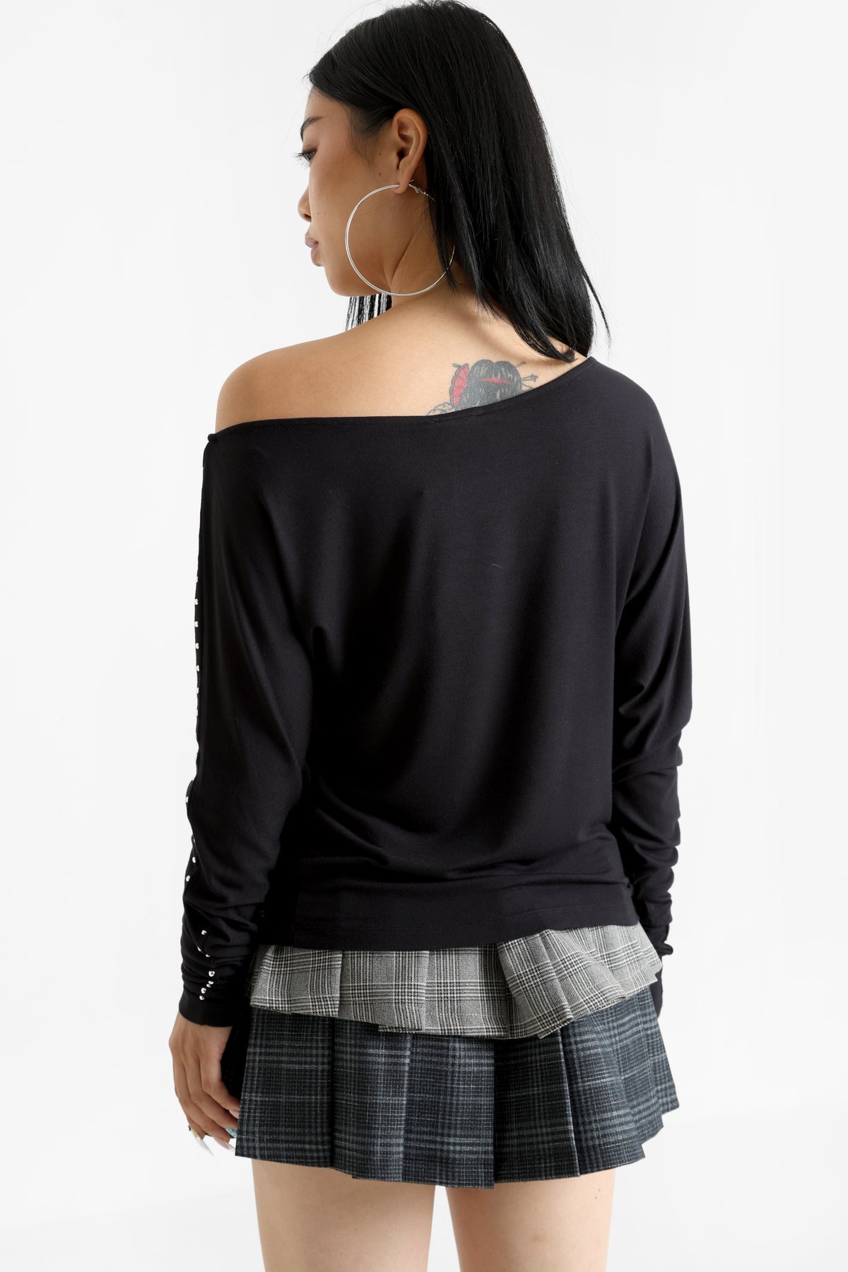 Shirt off shoulder manches longues avec rivets - Black