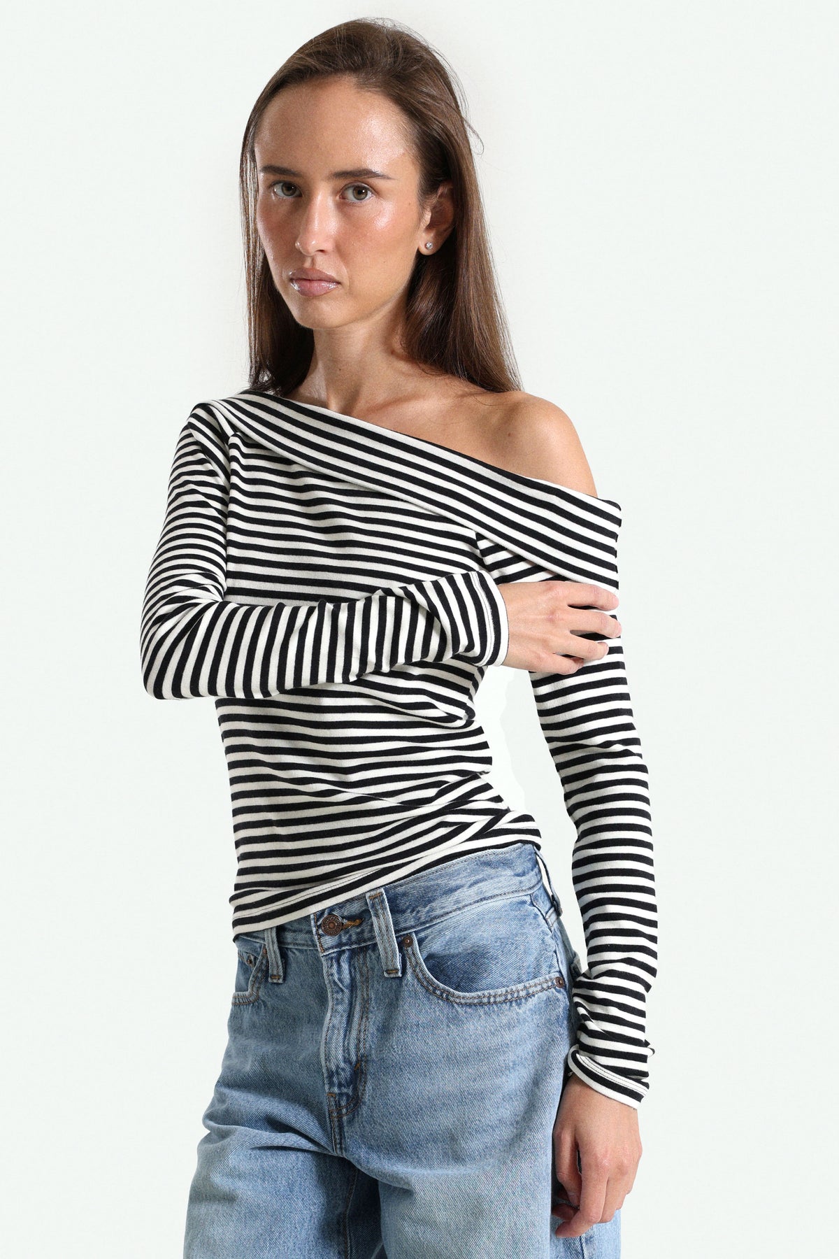 Clara Off Shoulder Langarmshirt - Ivie Stripe Anthracite Night