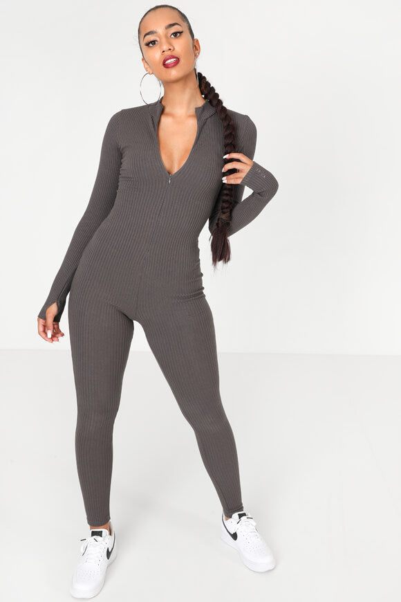 Combinaison longue à côtes - Gris foncé