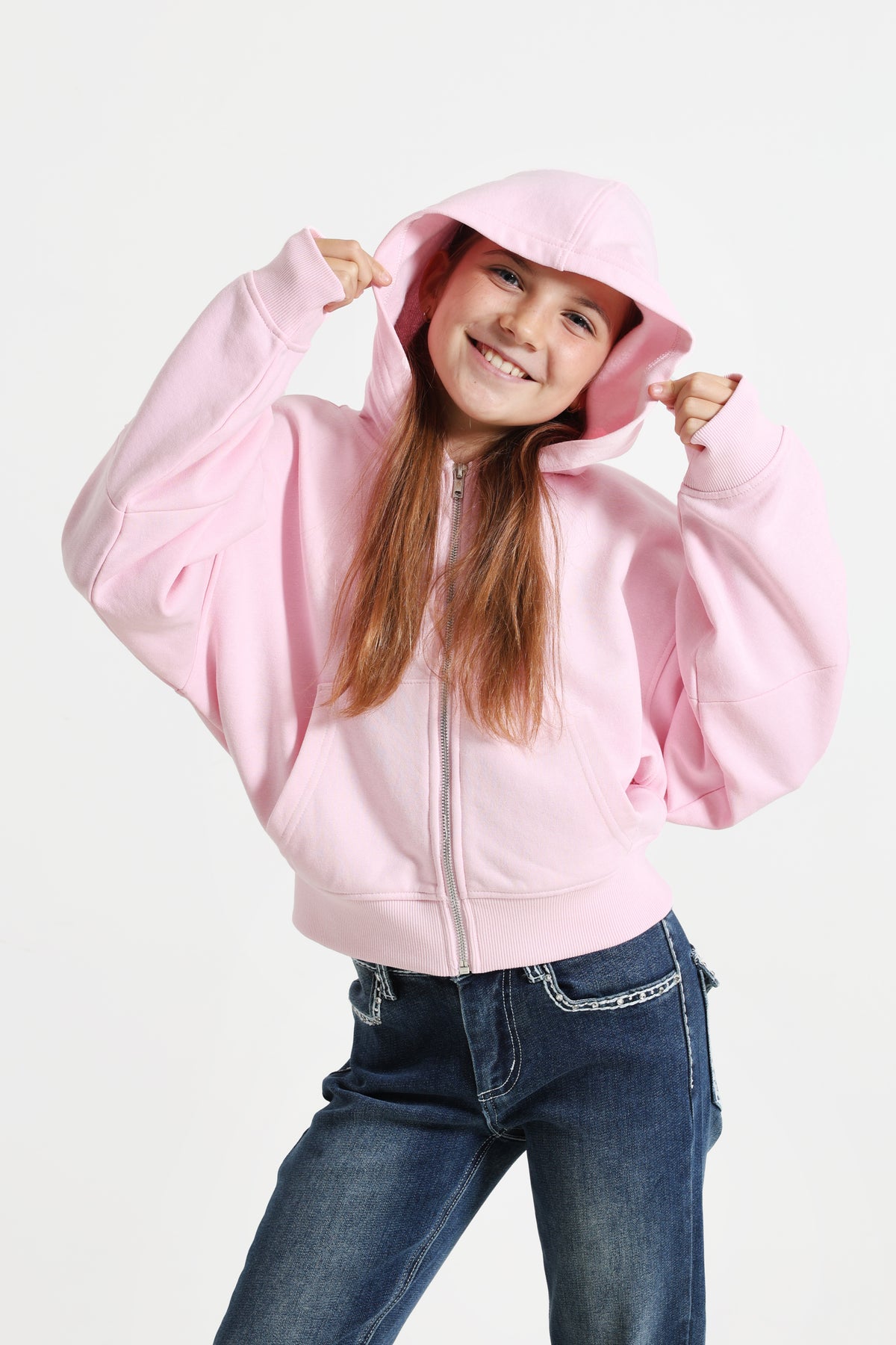 Sweat ample zippé à capuchon - Rose