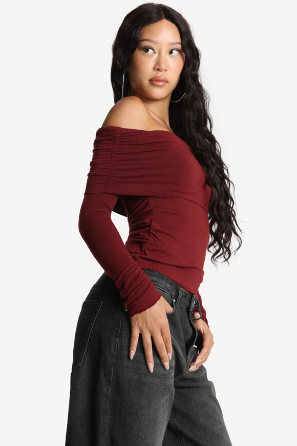 Off Shoulder Langarmshirt - Bordeaux