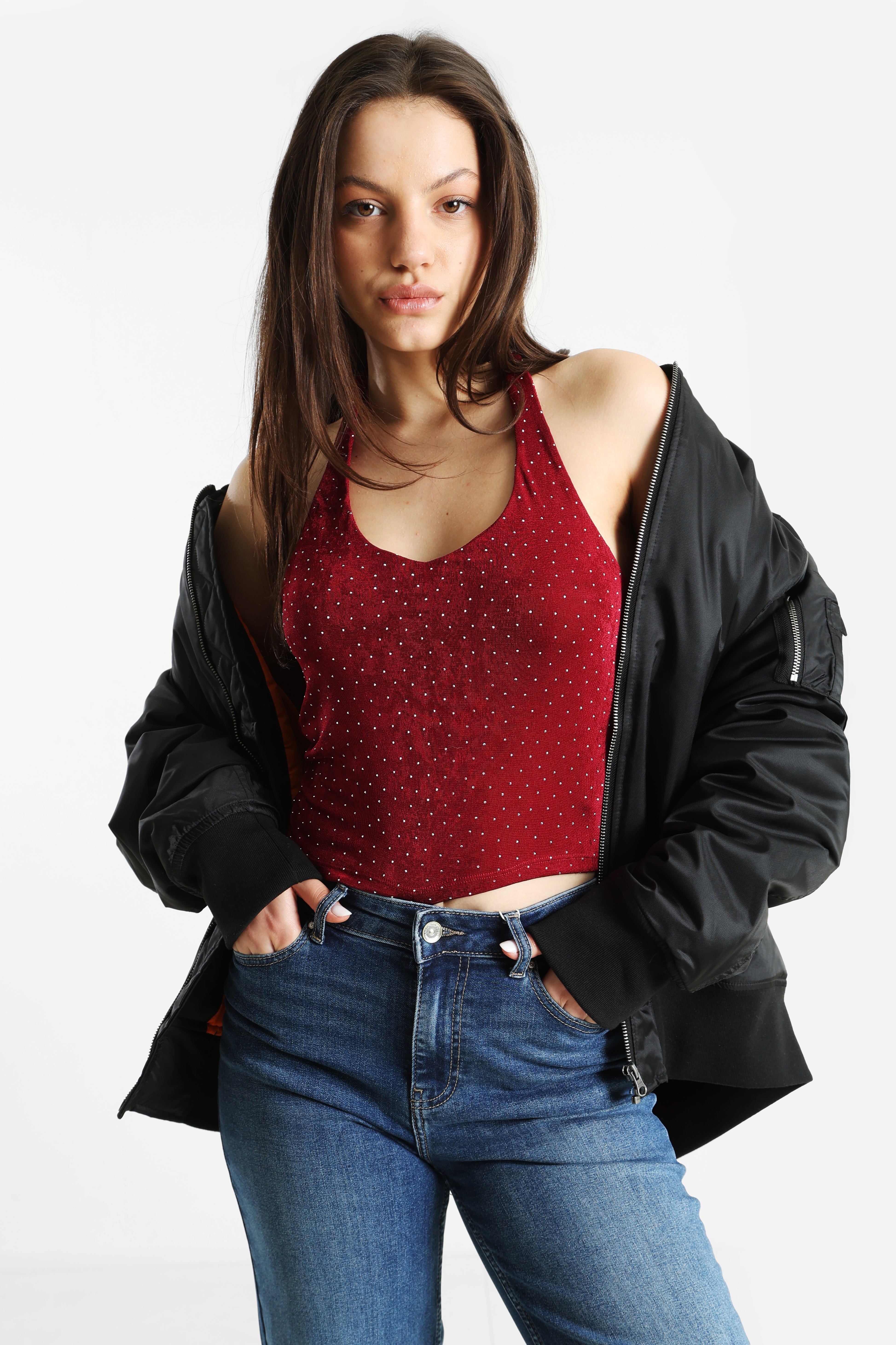 Neckholder Crop Top mit Strass - Bordeaux