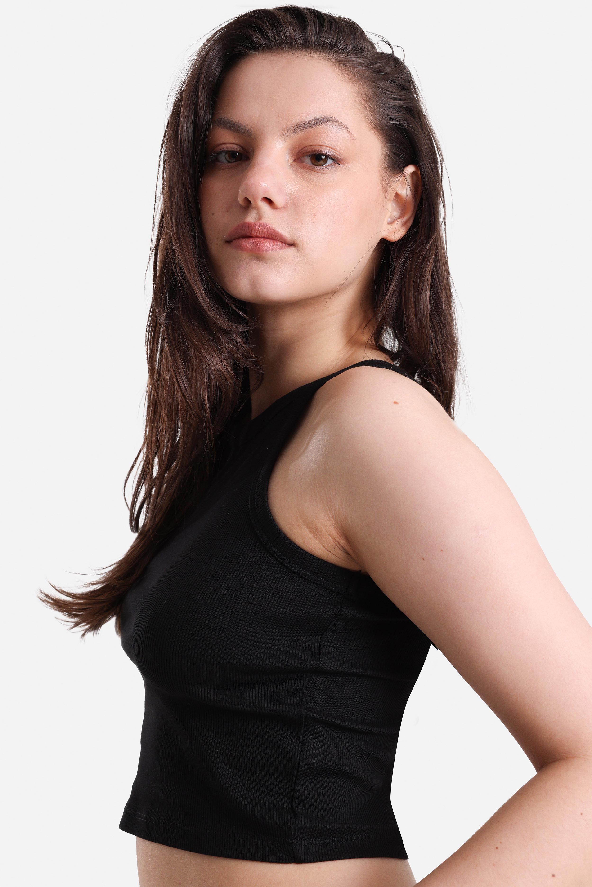 Geripptes Crop Trägertop - Schwarz