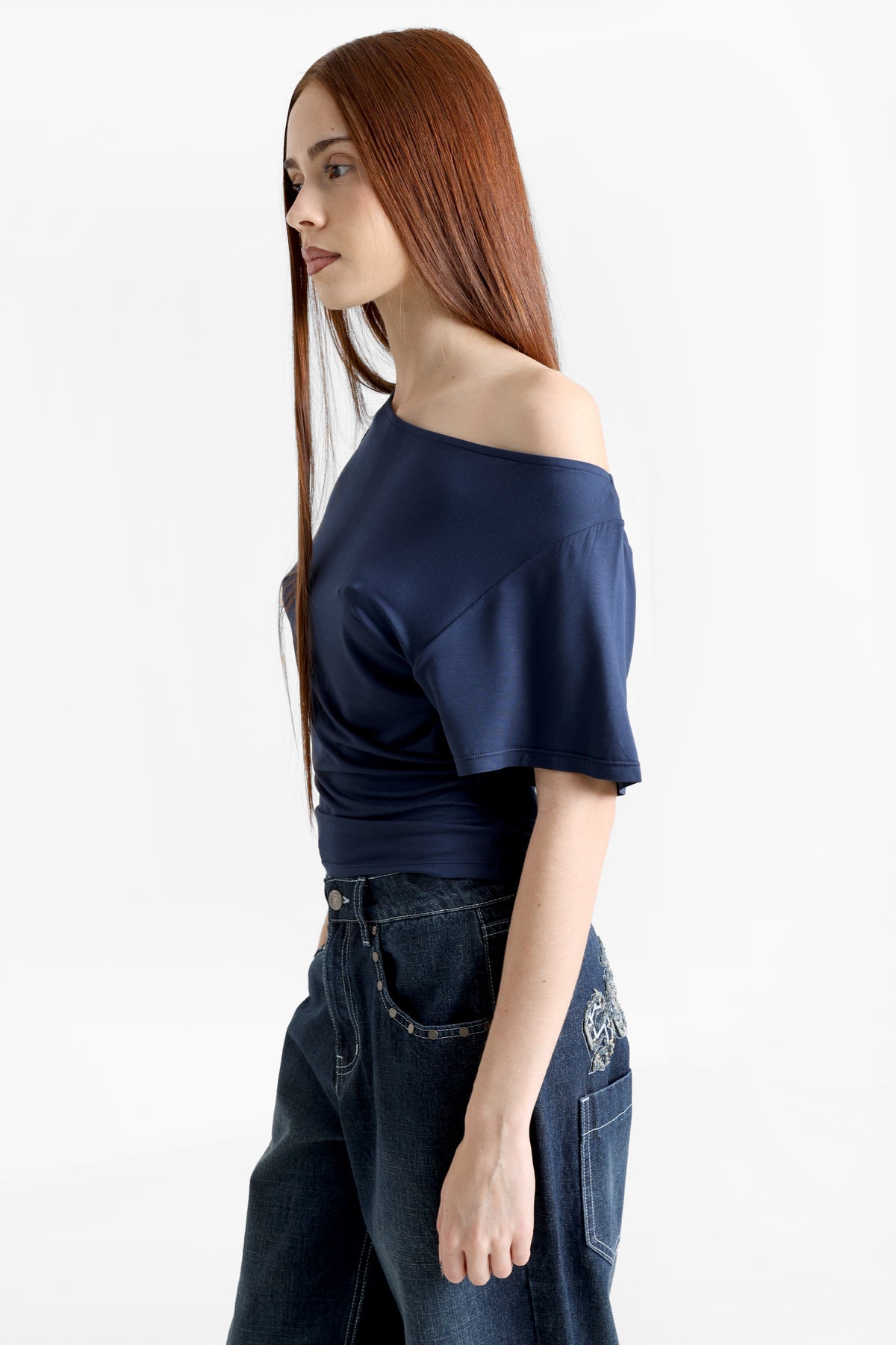 Off Shoulder T-Shirt - Marineblau