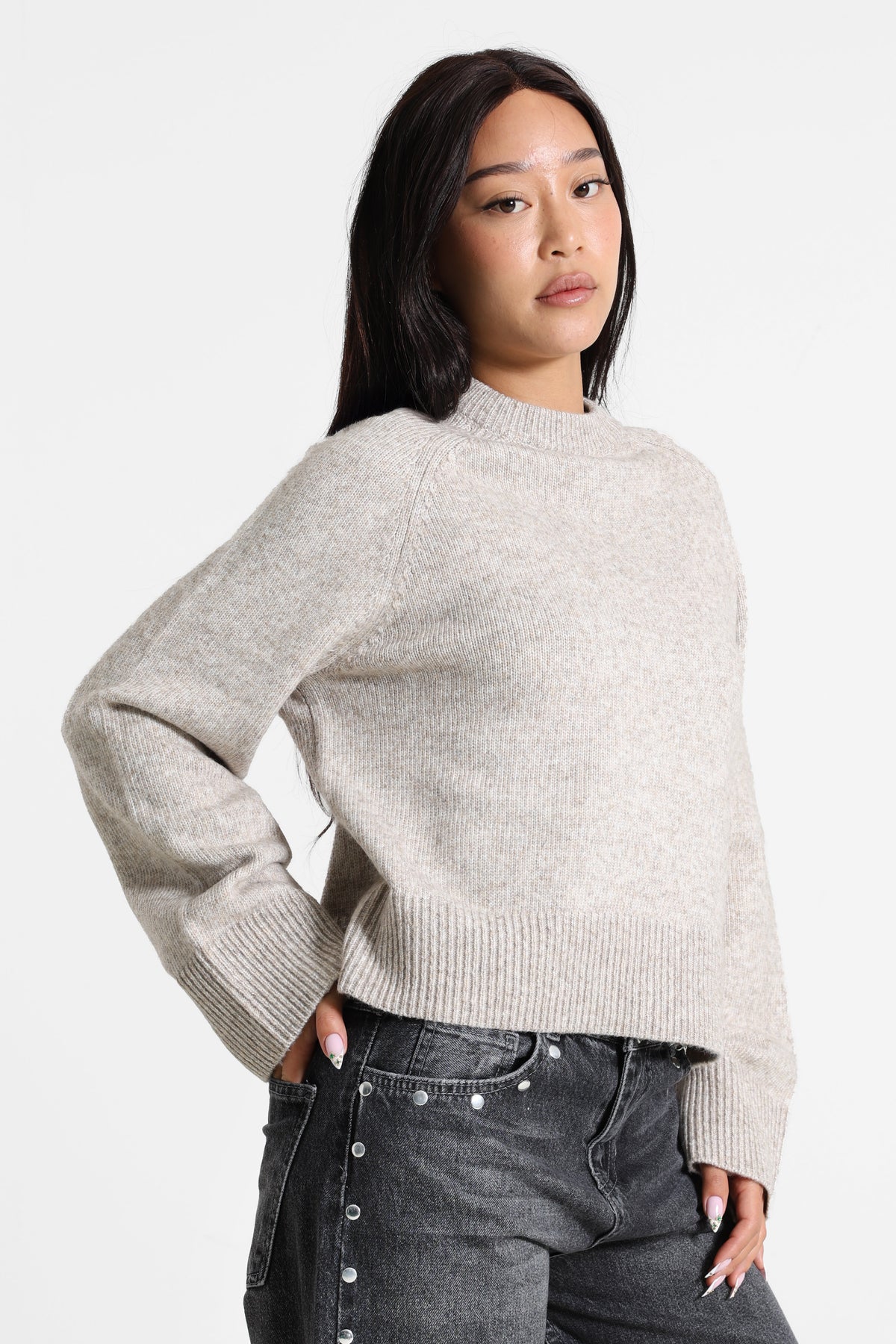 Pull ample en tricot - Beige Melange