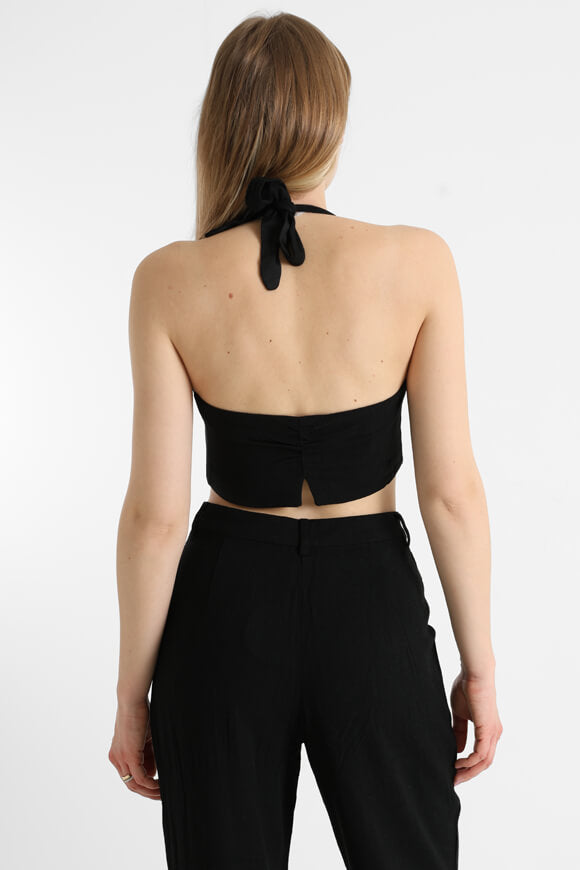 Leinen Neckholder Crop Top - Schwarz