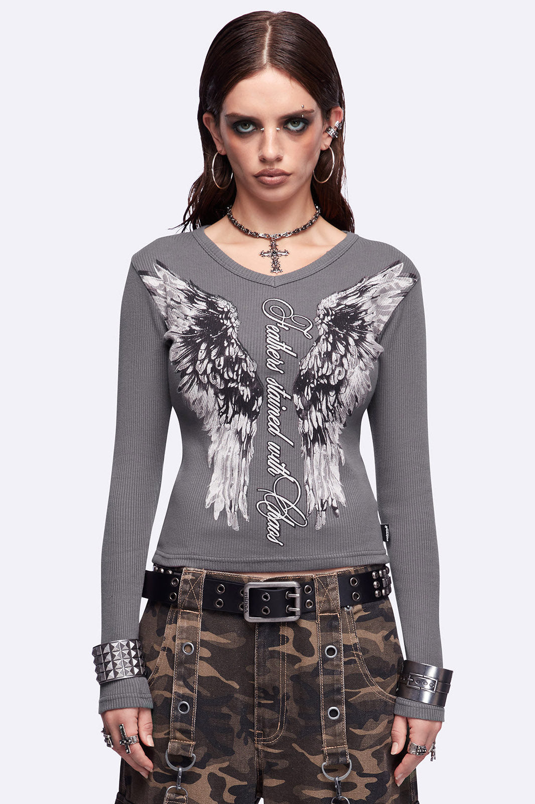 Feathers Stained geripptes Langarmshirt - Dark Grey