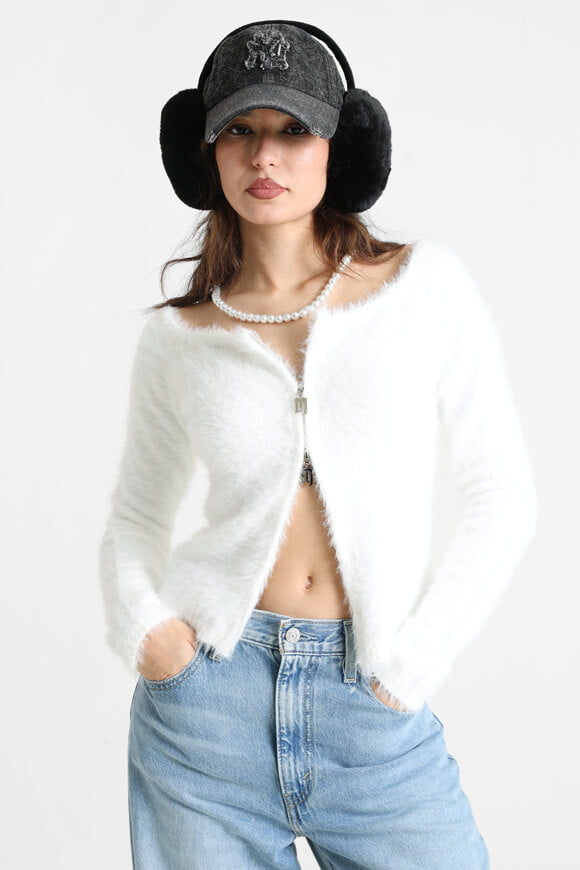 Pull off shoulder en tricot poilu - Ecru