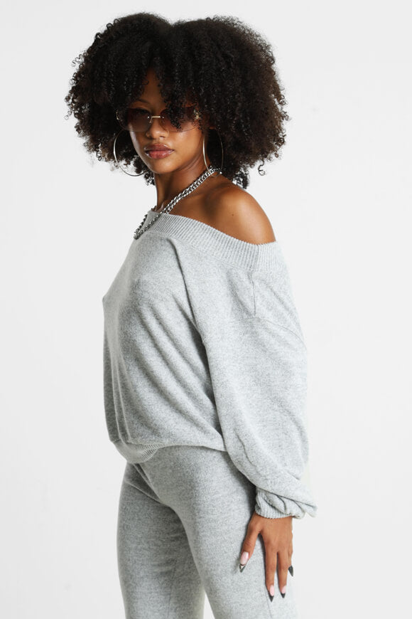 Off Shoulder Strickpullover - Hellgrau meliert