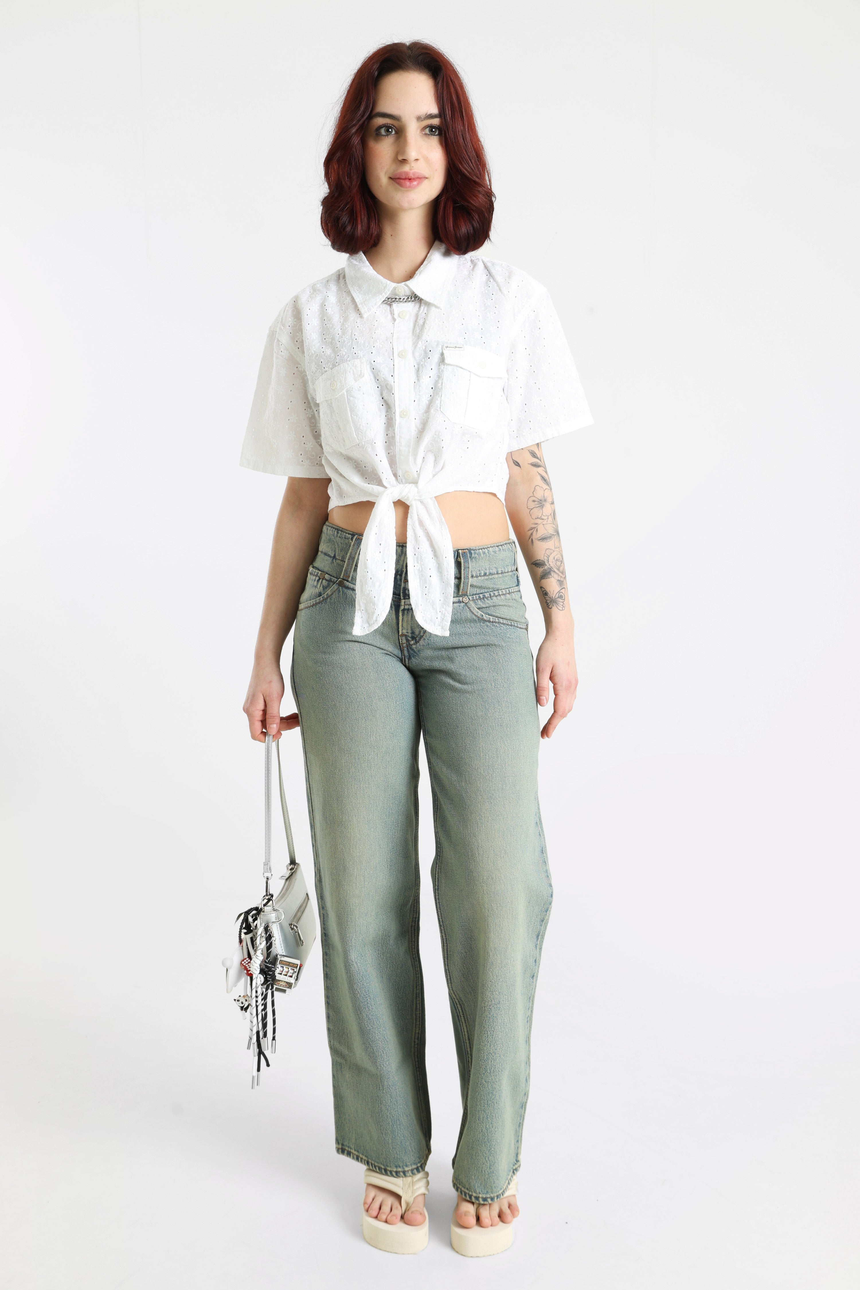 Chemise courte avec motif ajouré - Pure White