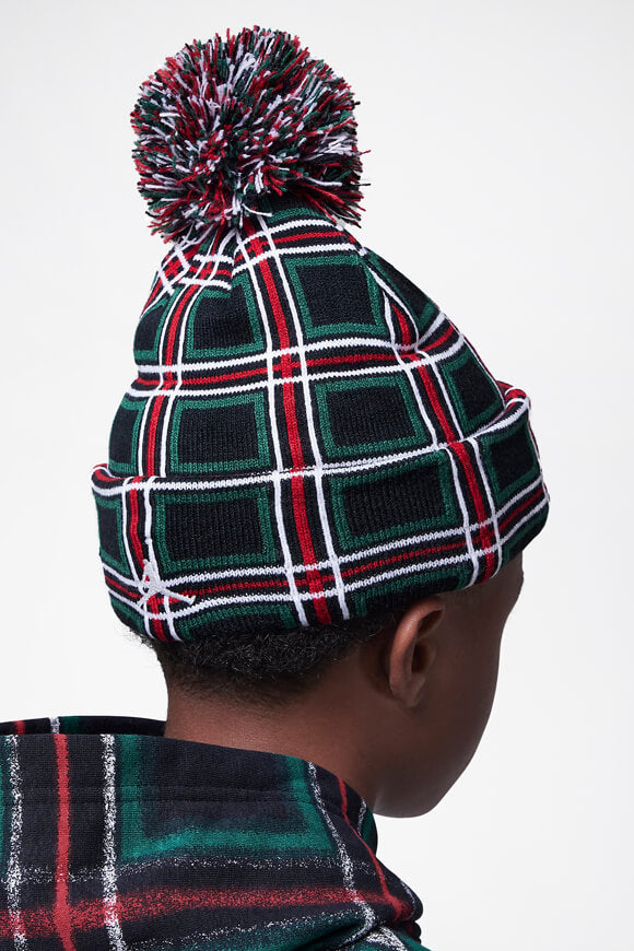 Holiday Plaid Pom-Beanie - Black + Dark Green + Red