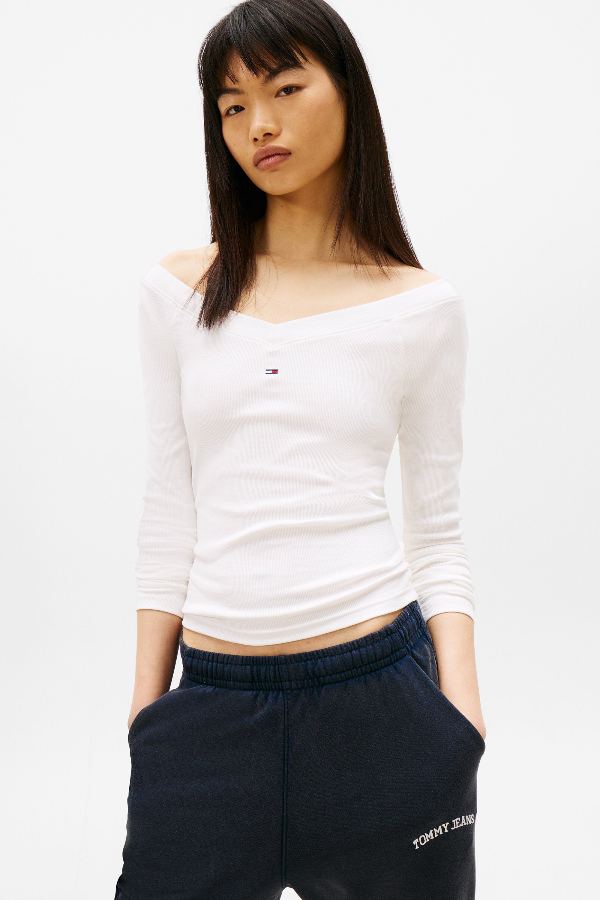 Geripptes Off Shoulder Langarmshirt - Offwhite