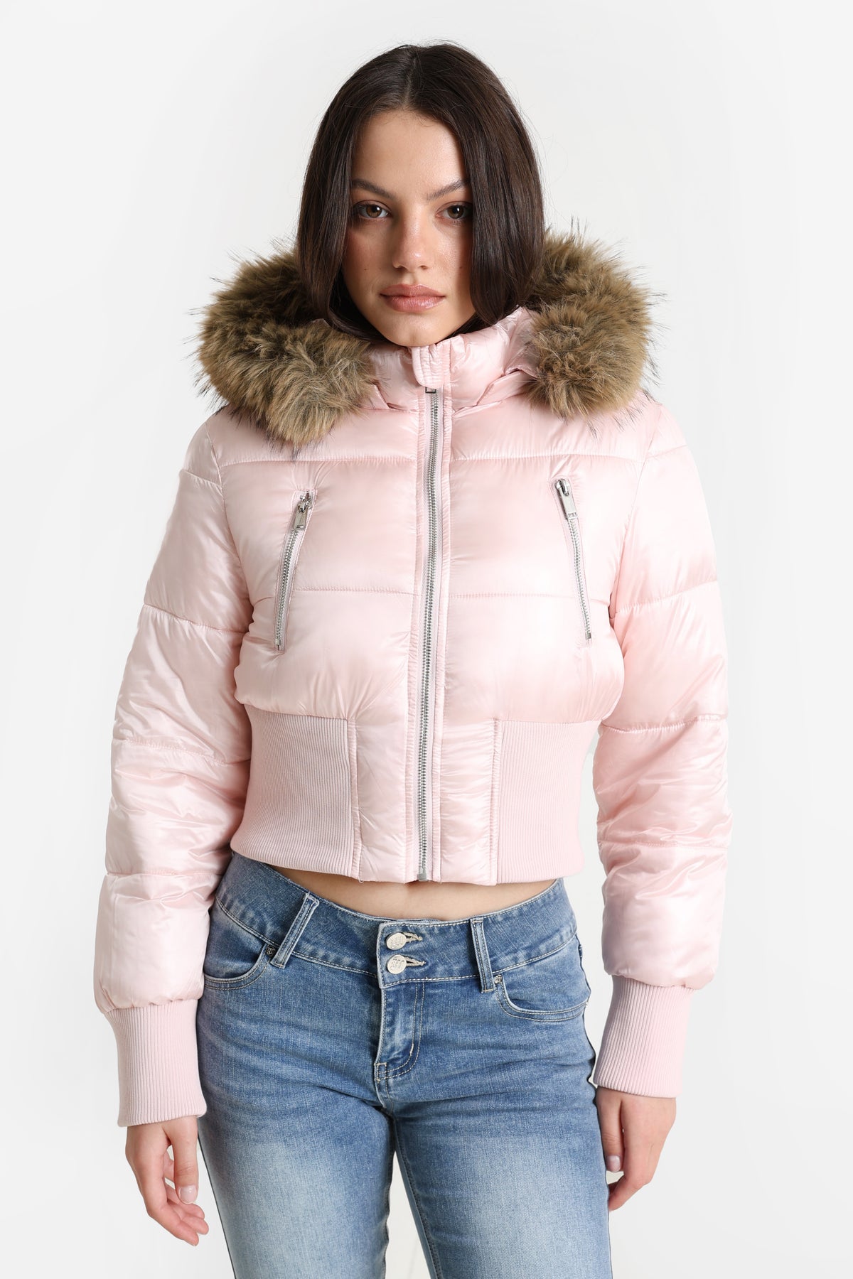 Crop Puffer Bomberjacke - Hell Pink