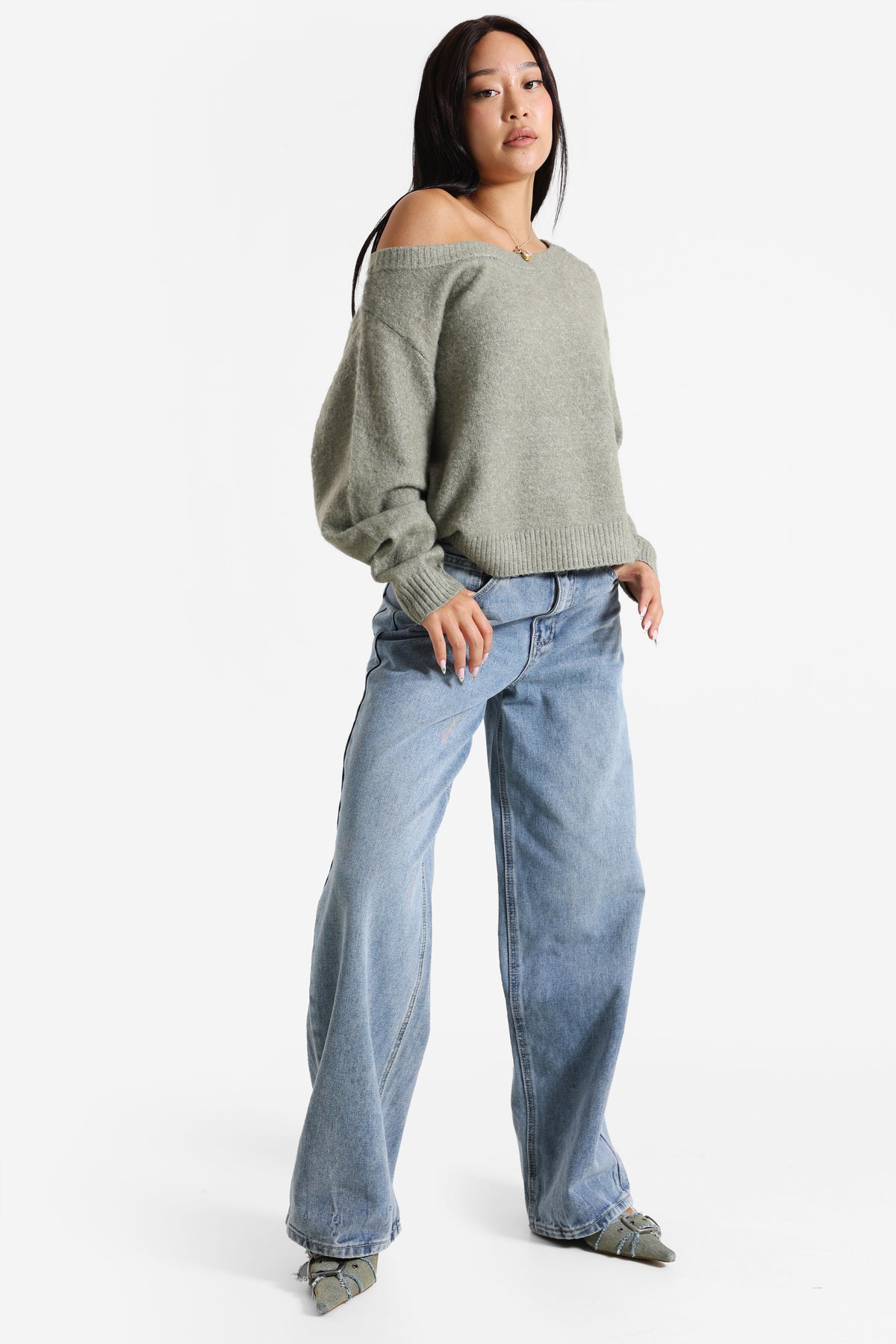 Off-shoulder knitted sweater - Heather khaki