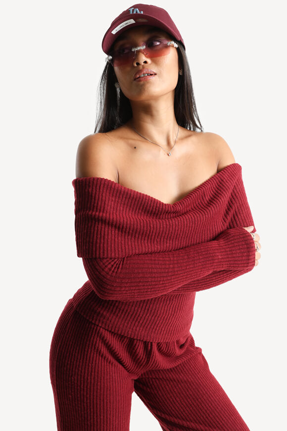 Pull off shoulder en tricot côtelé - Bordeaux