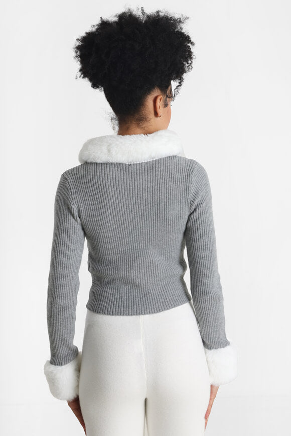 Gerippte Crop Strickjacke - Grau meliert