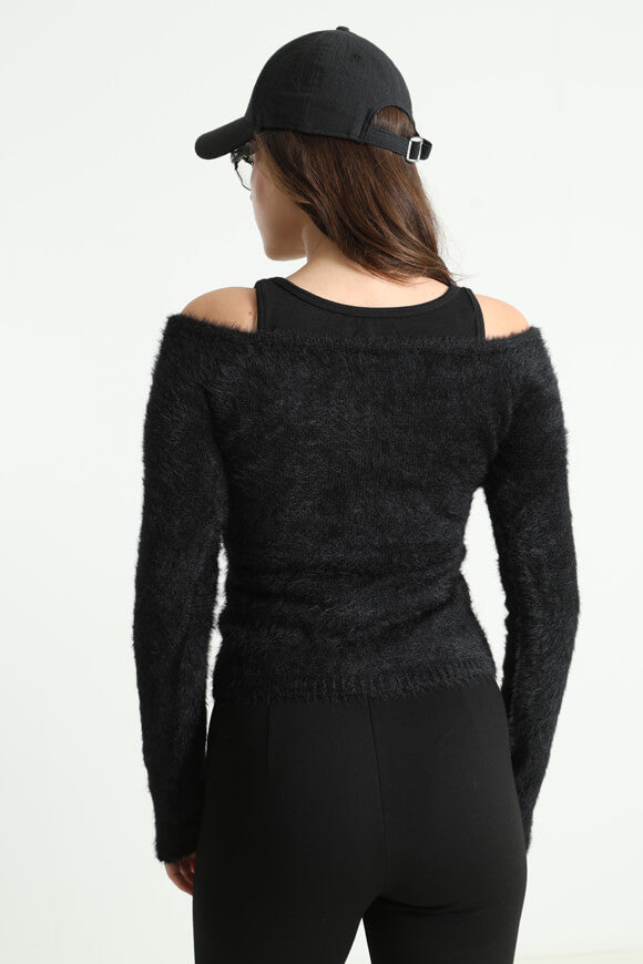 Pull off shoulder en tricot poilu - Noir