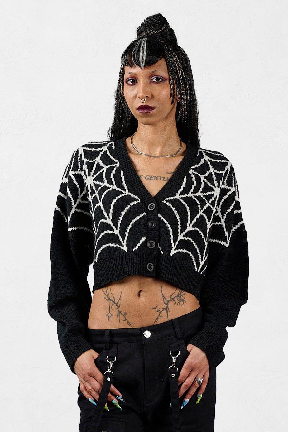 Web of Night Crop Cardigan - Black + White