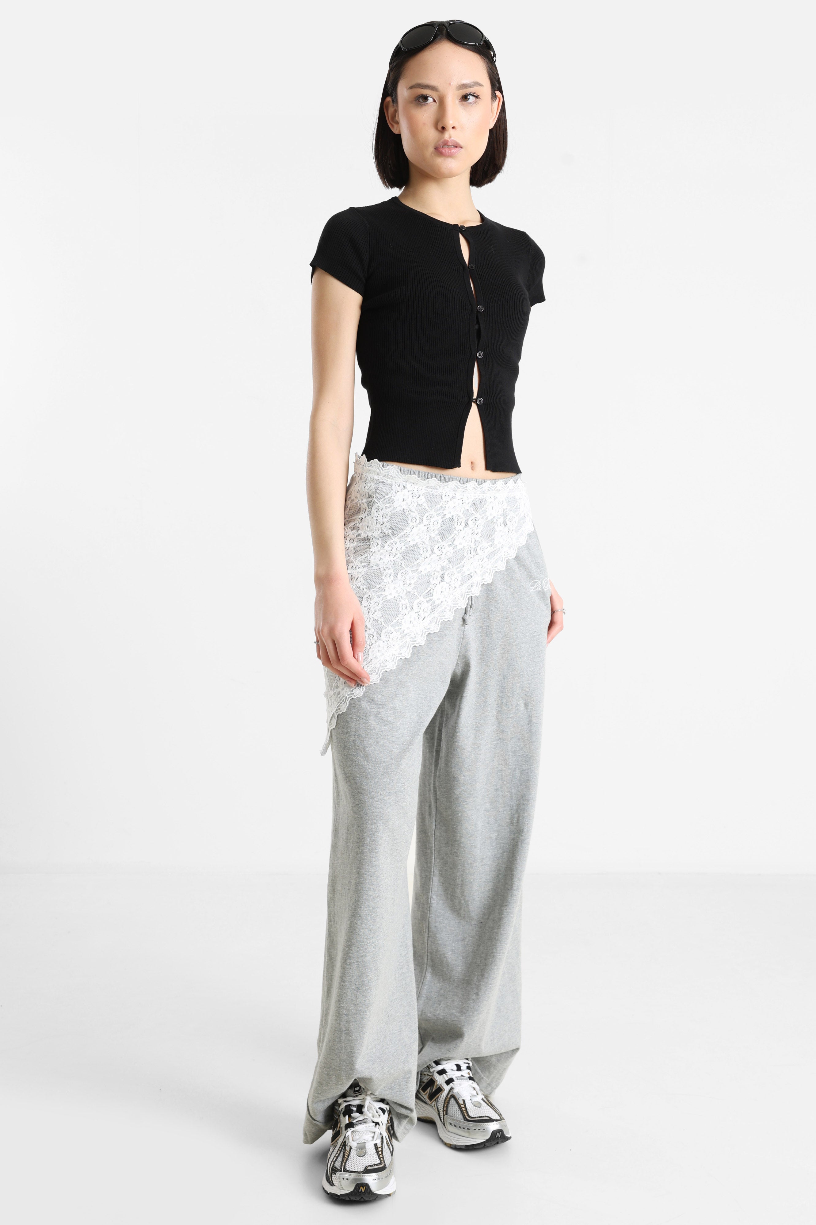 Geripptes Crop T-Shirt - Schwarz