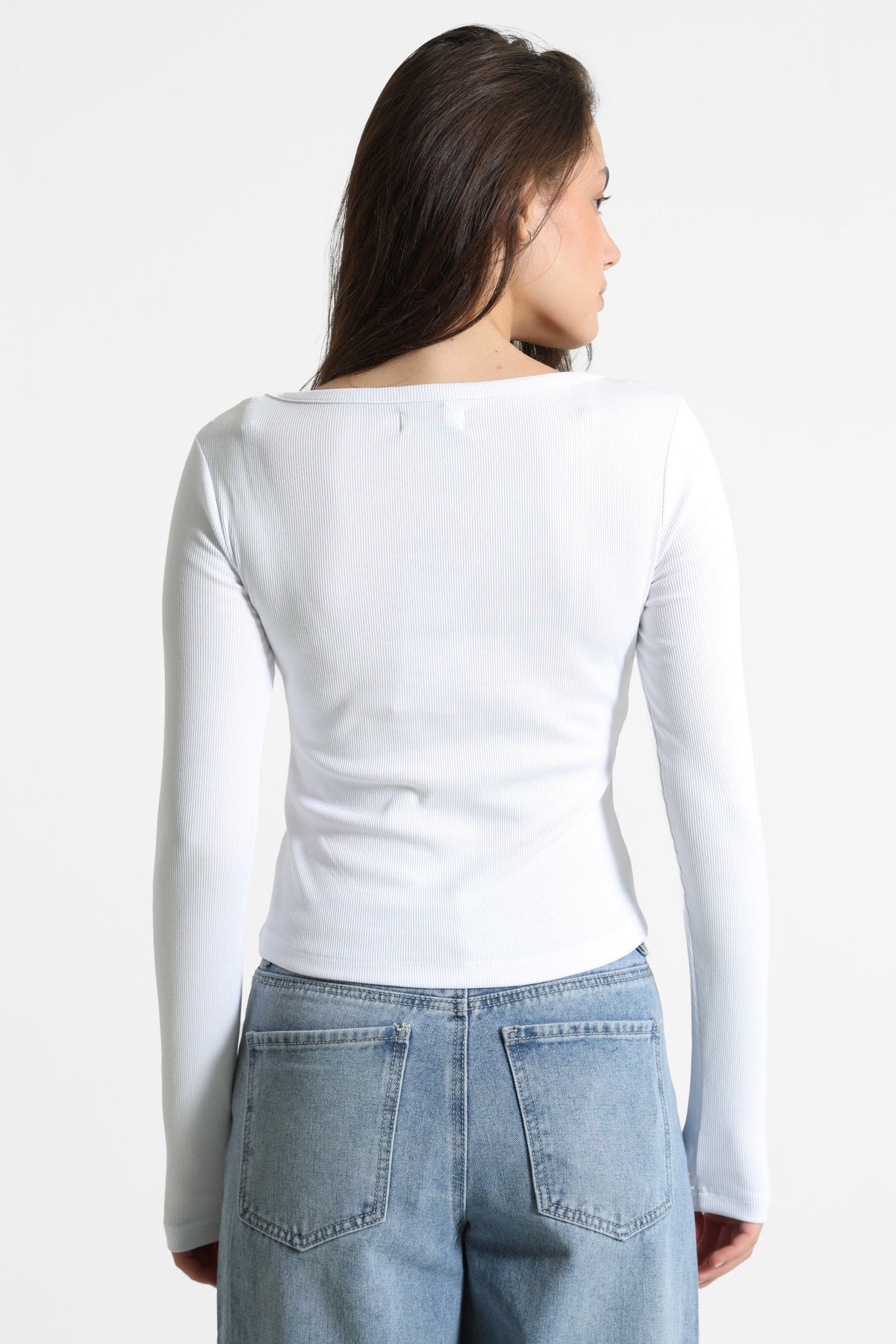 Geripptes Crop Langarmshirt - Weiss