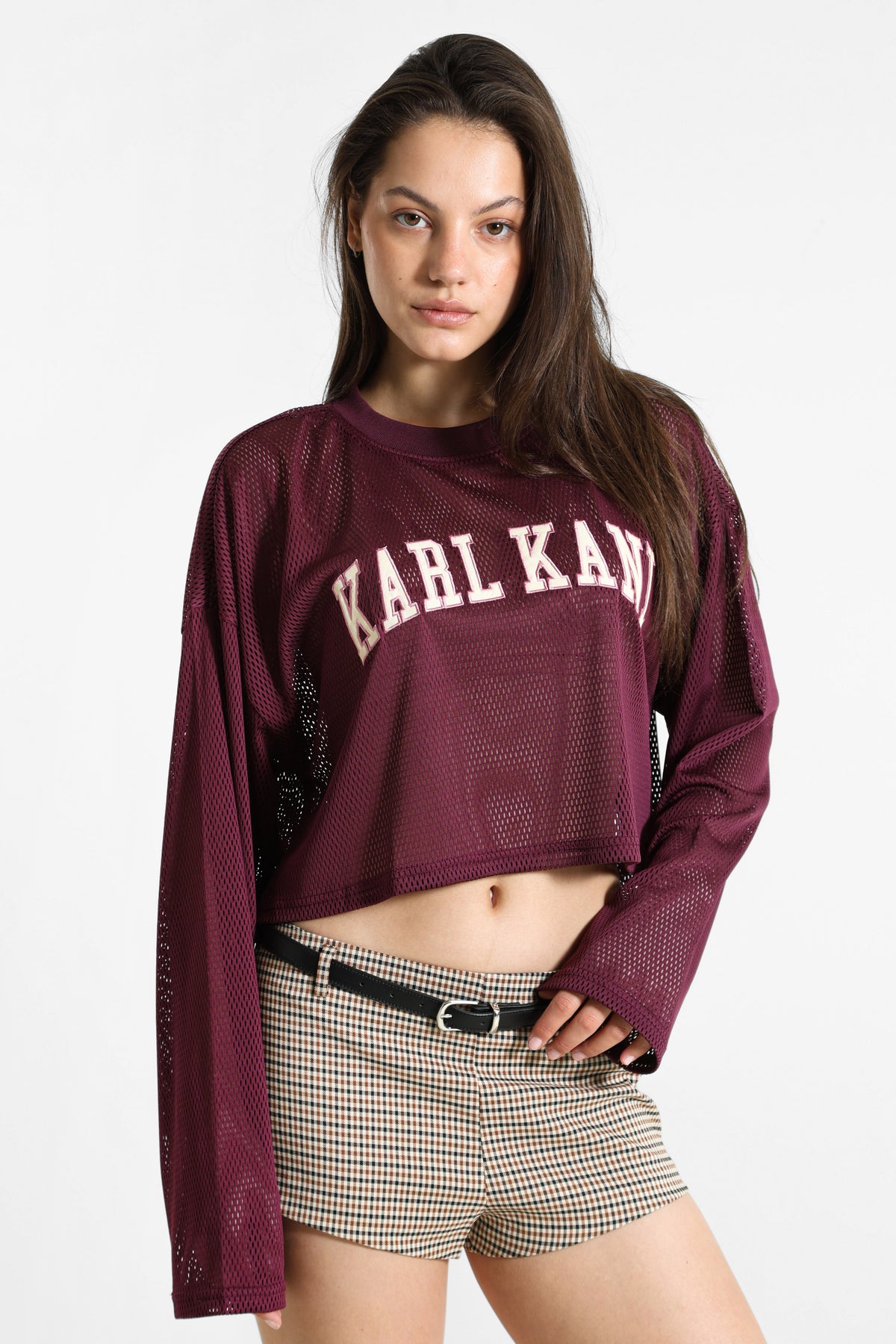 Crop Mesh Langarmshirt - Plum