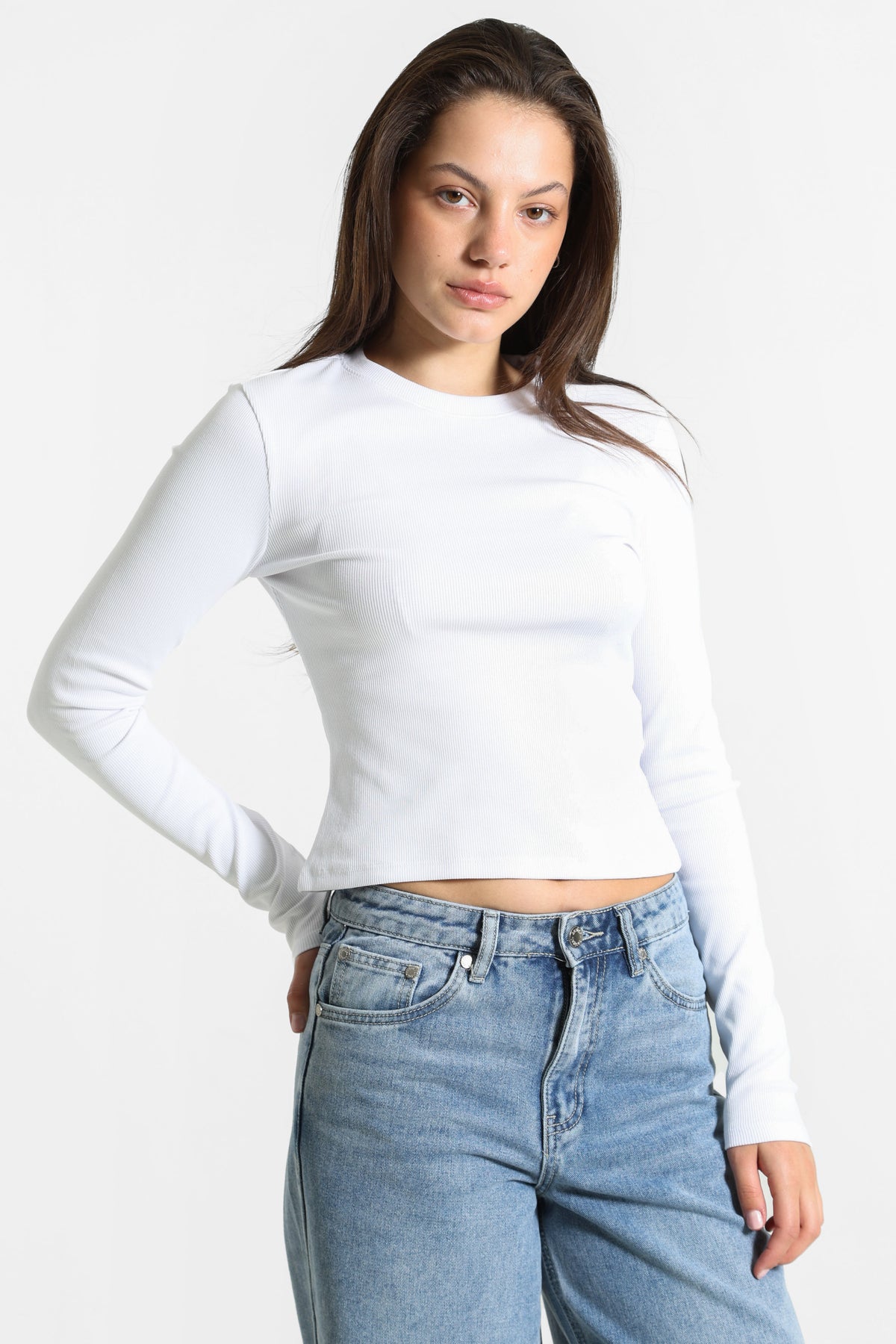 Geripptes Crop Langarmshirt - Weiss