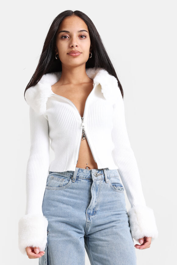 Gerippte Crop Strickjacke - Weiss