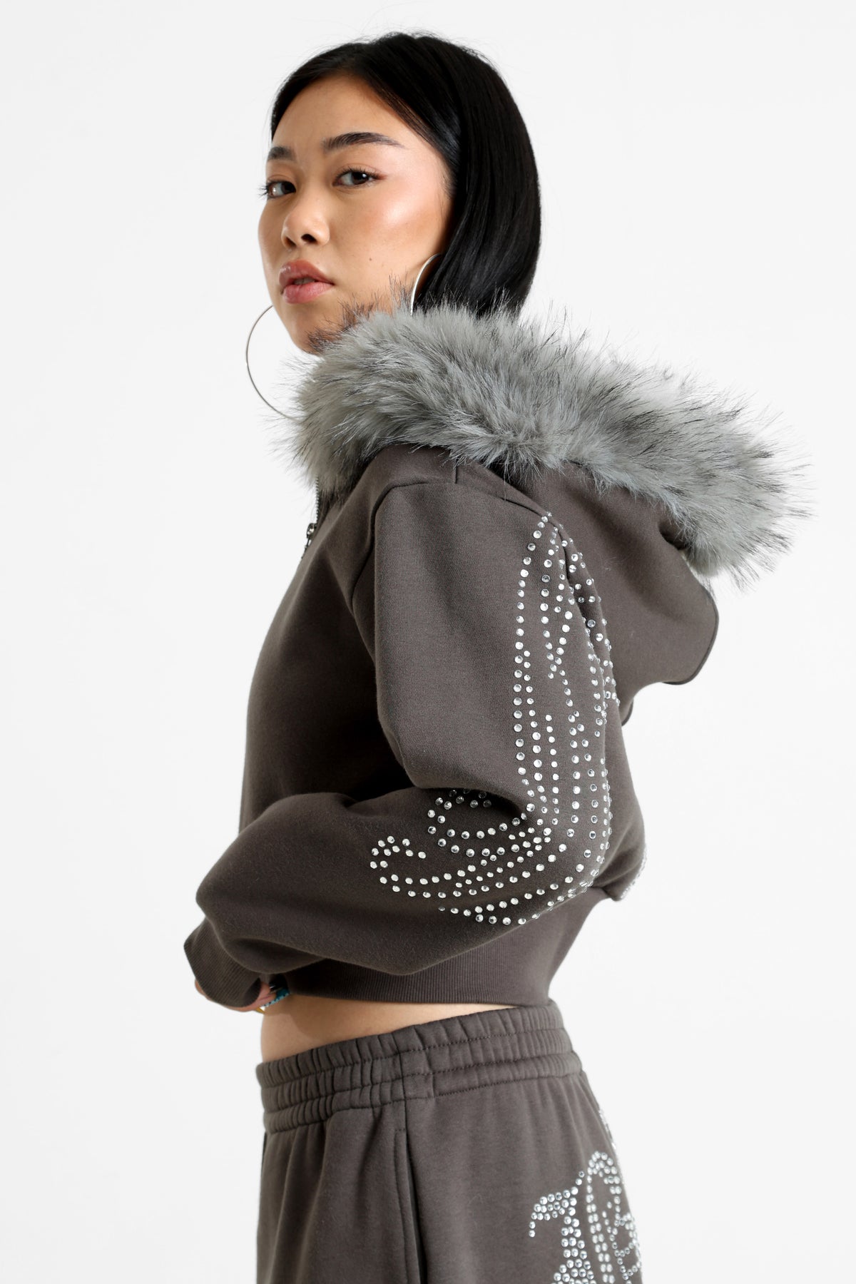 Sweat court zippé à capuchon - Gris foncé