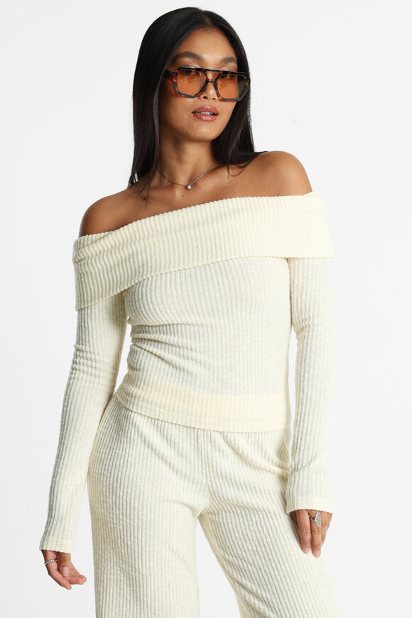 Pull off shoulder en tricot côtelé - Crème
