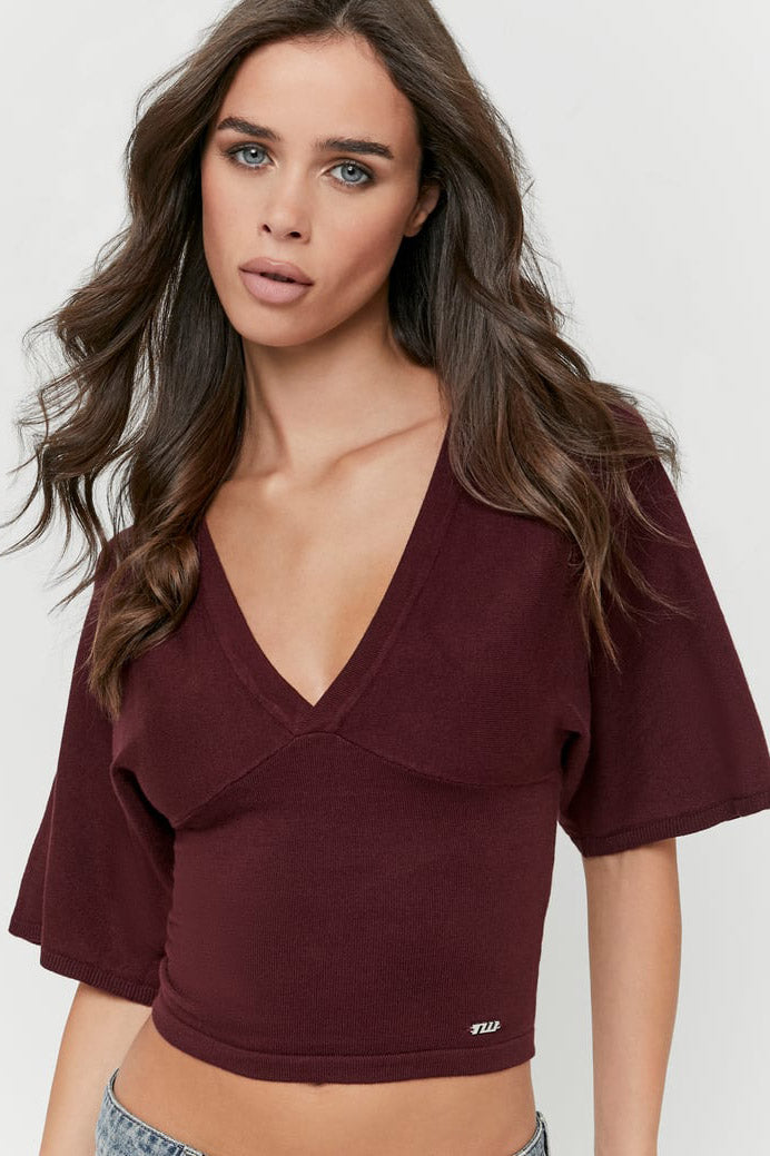 Maglione corto in maglia fine - Burgundy
