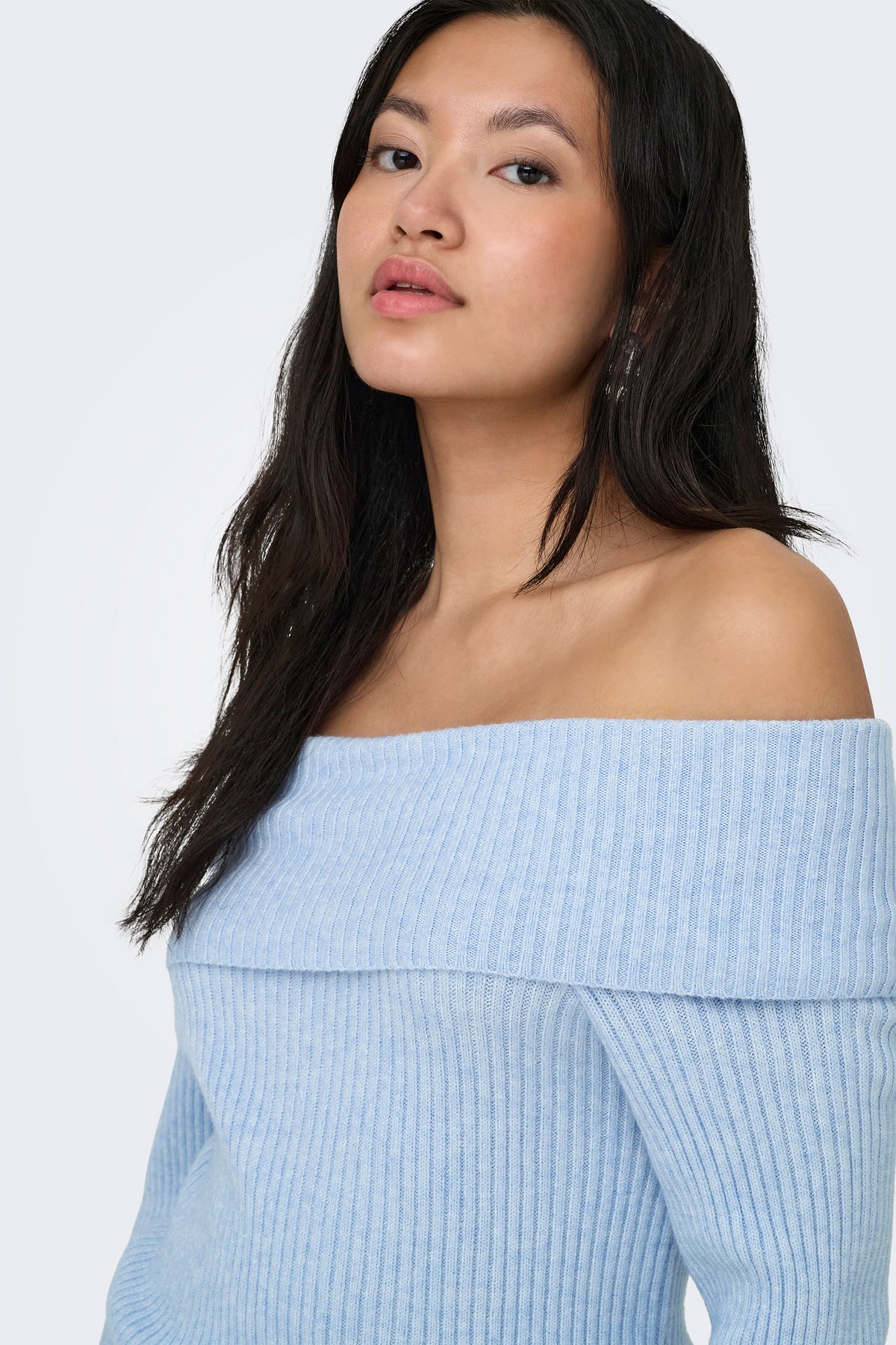 ONLKATIA gerippter Crop Off Shoulder Strickpullover - Kentucky Blue Melange