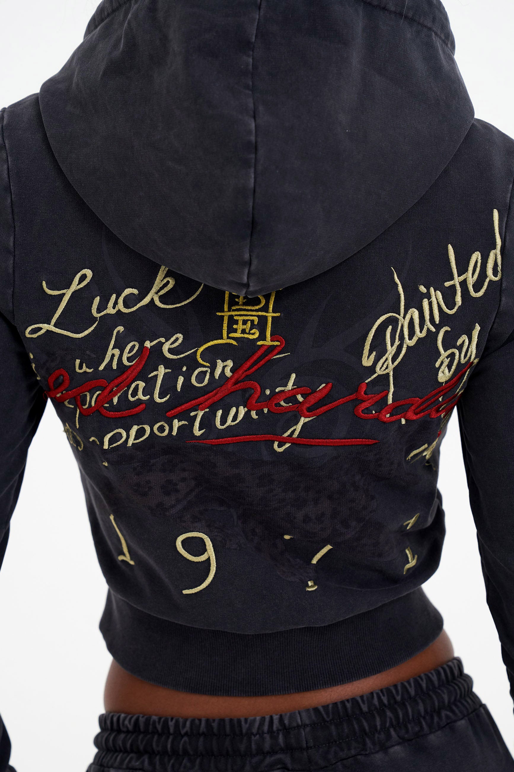 Crop Kapuzensweatjacke - Black Washed