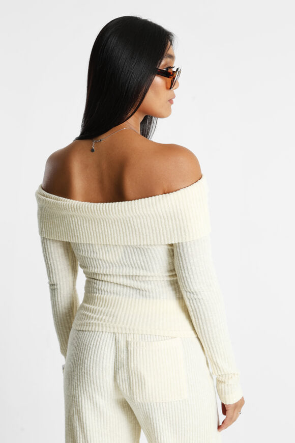 Pull off shoulder en tricot côtelé - Crème