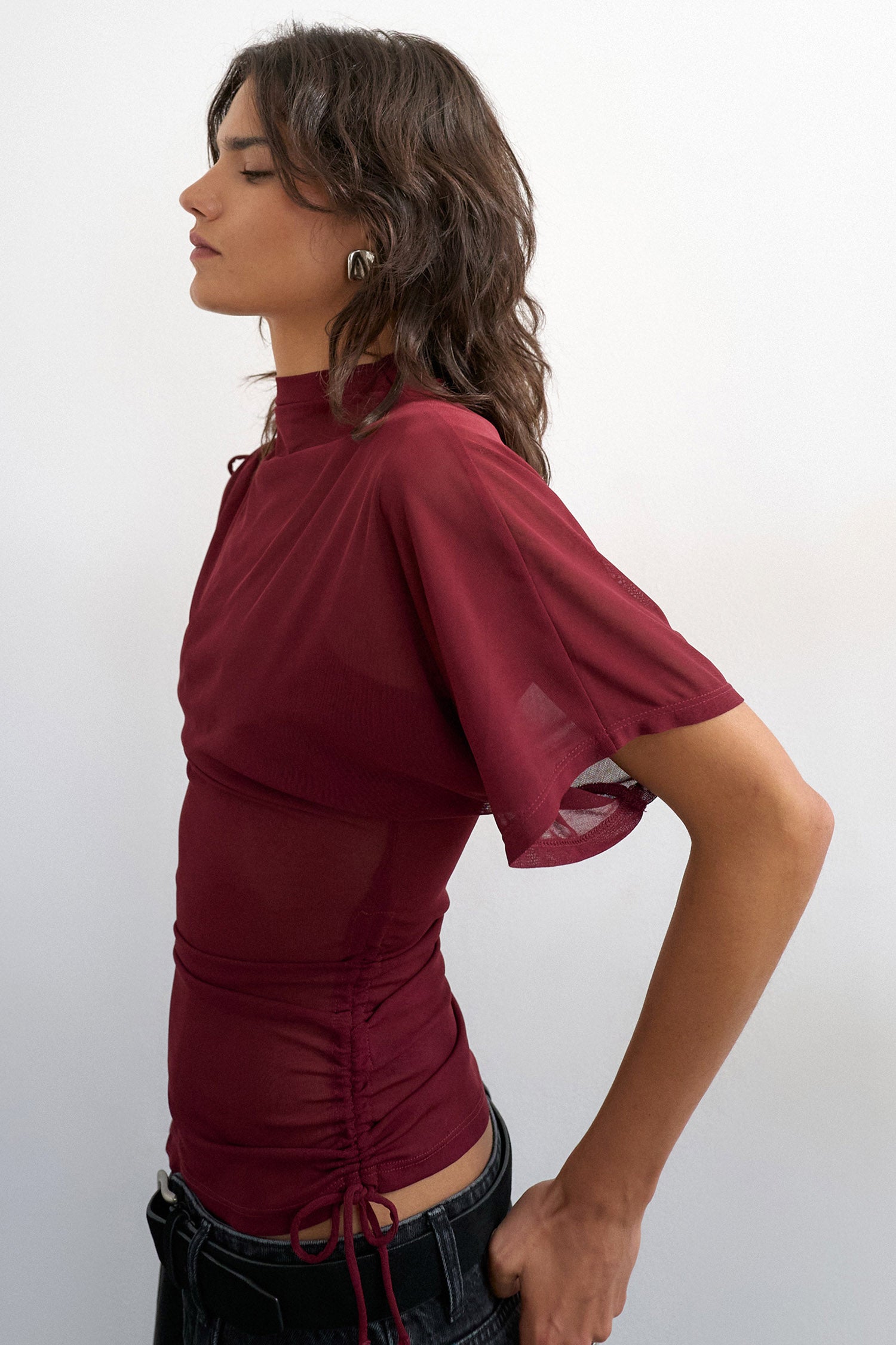 TSBIANCA one-shoulder mesh t-shirt - Burgundy