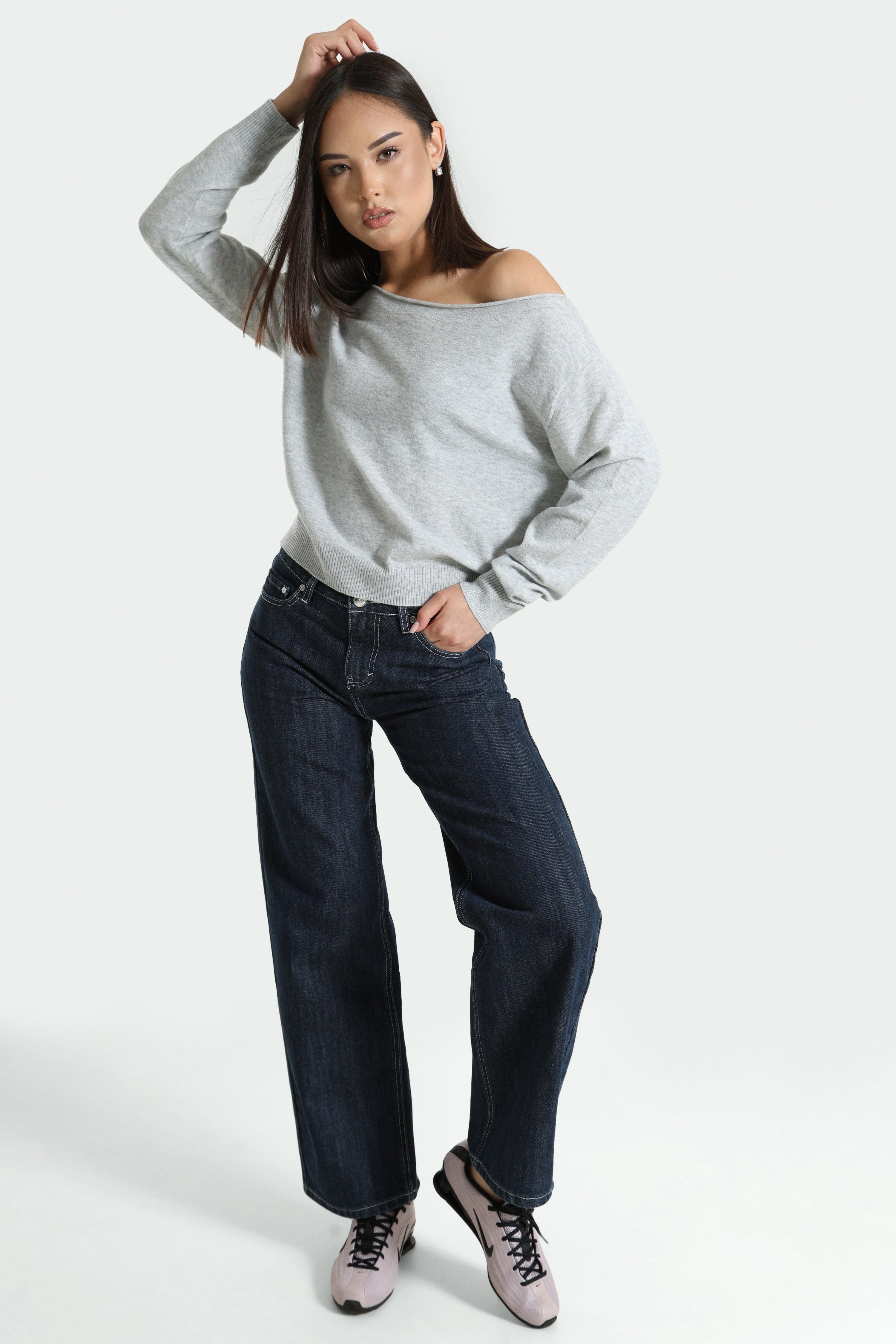 Maglione a spalle scoperte in maglia fine - Grigio mélange chiaro