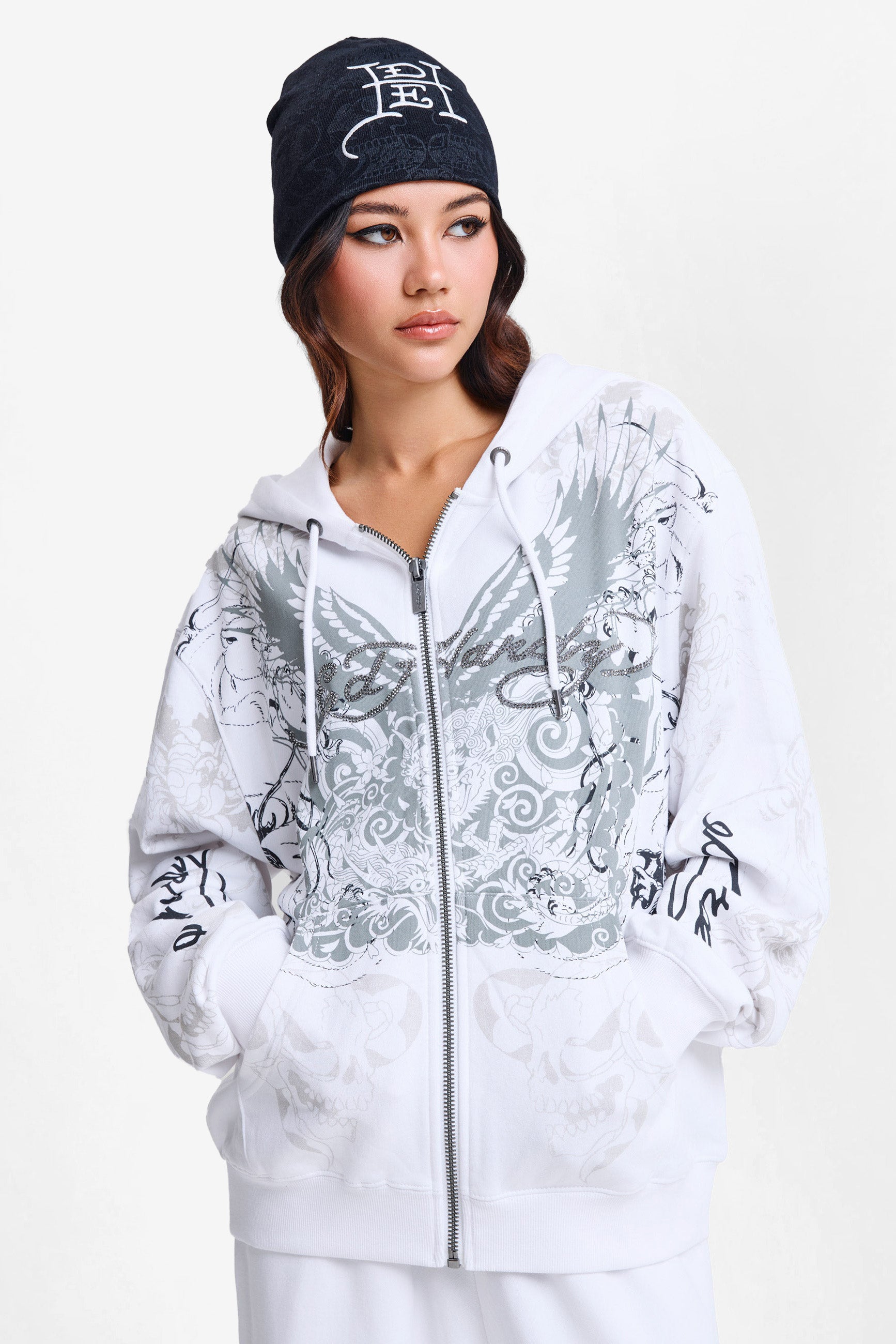 Diamante Venom Oversize Kapuzensweatjacke - White