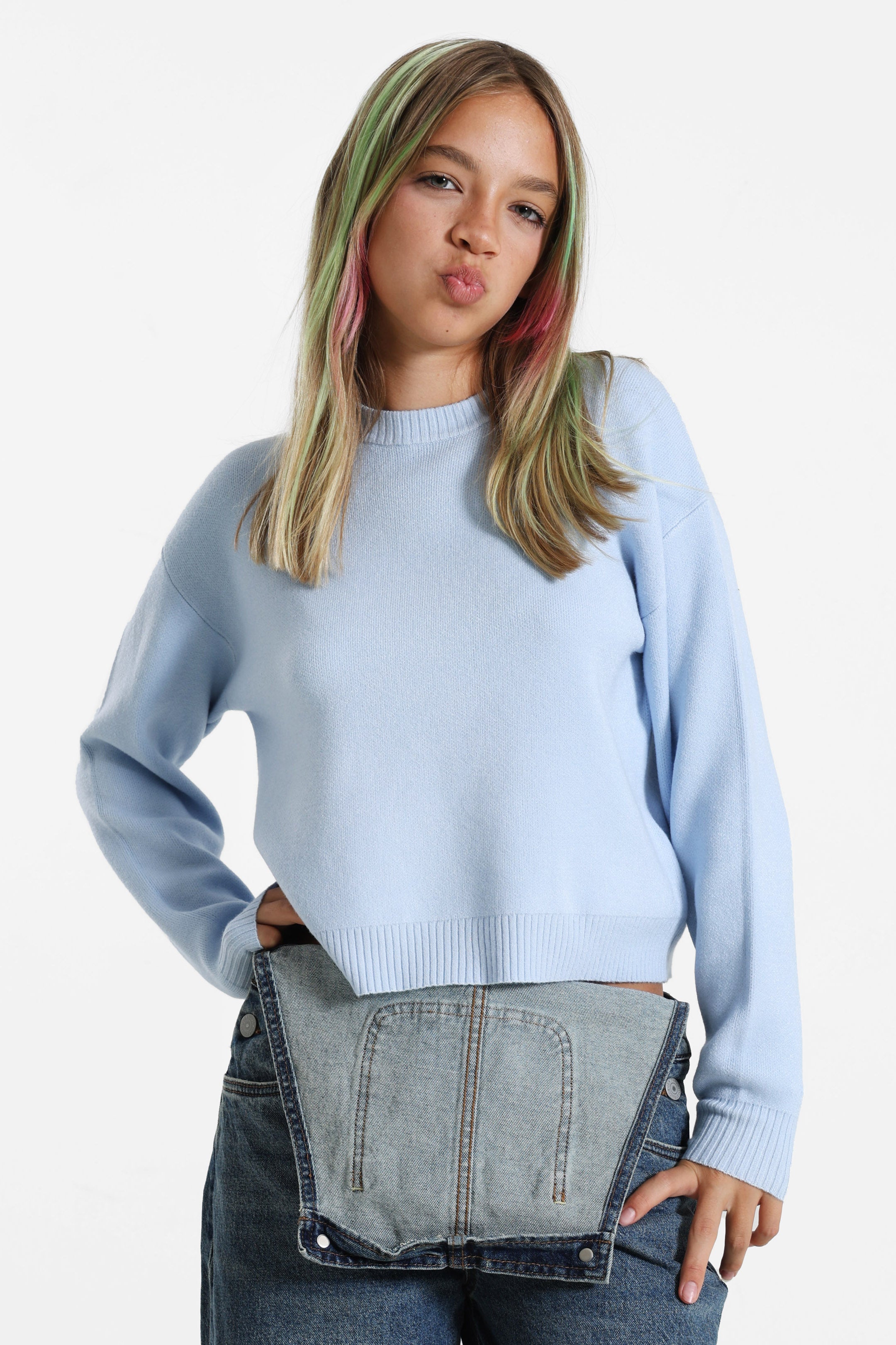 Crop Strickpullover - Hellblau