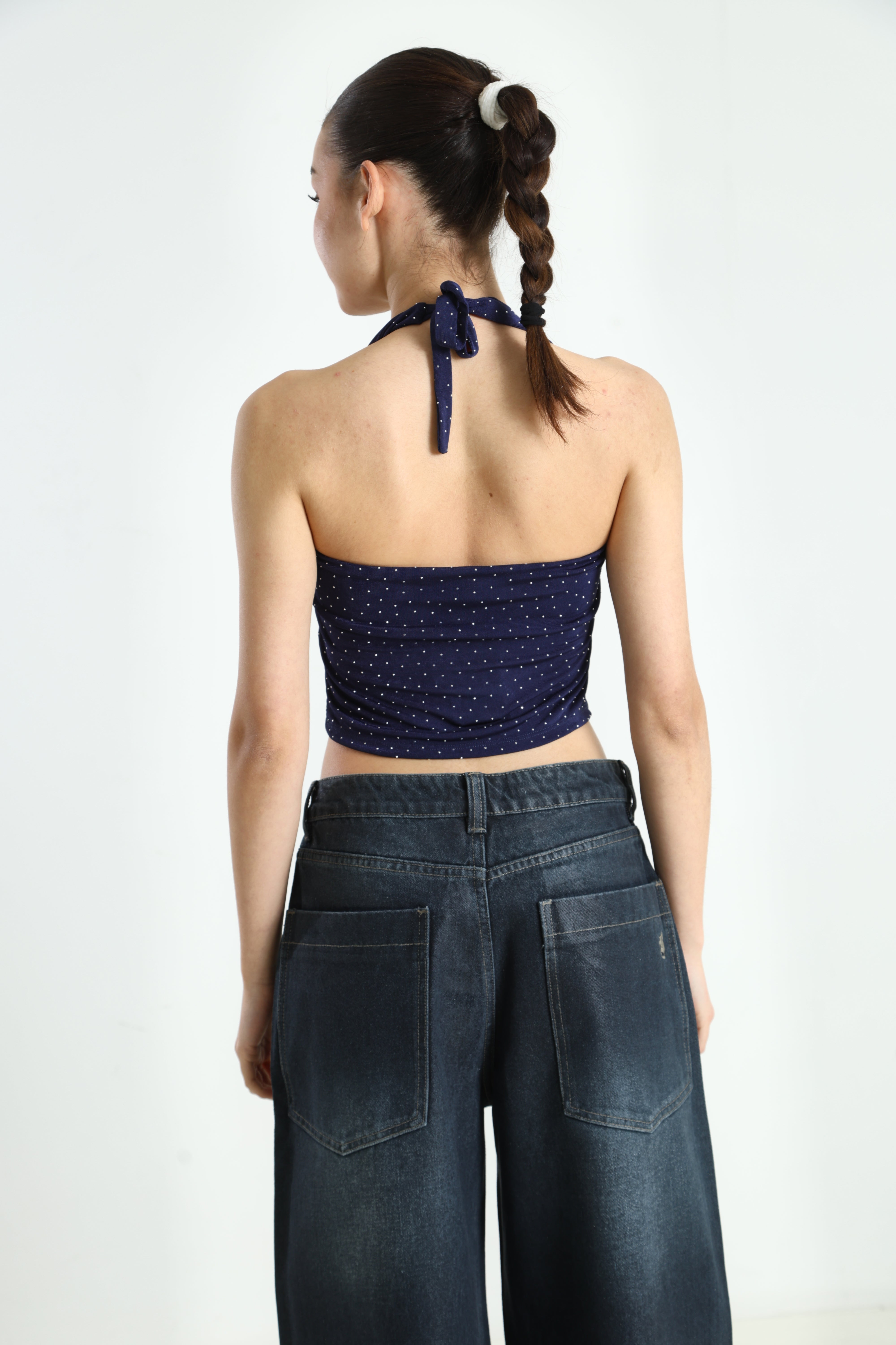 Neckholder Crop Top mit Strass - Bleu marine