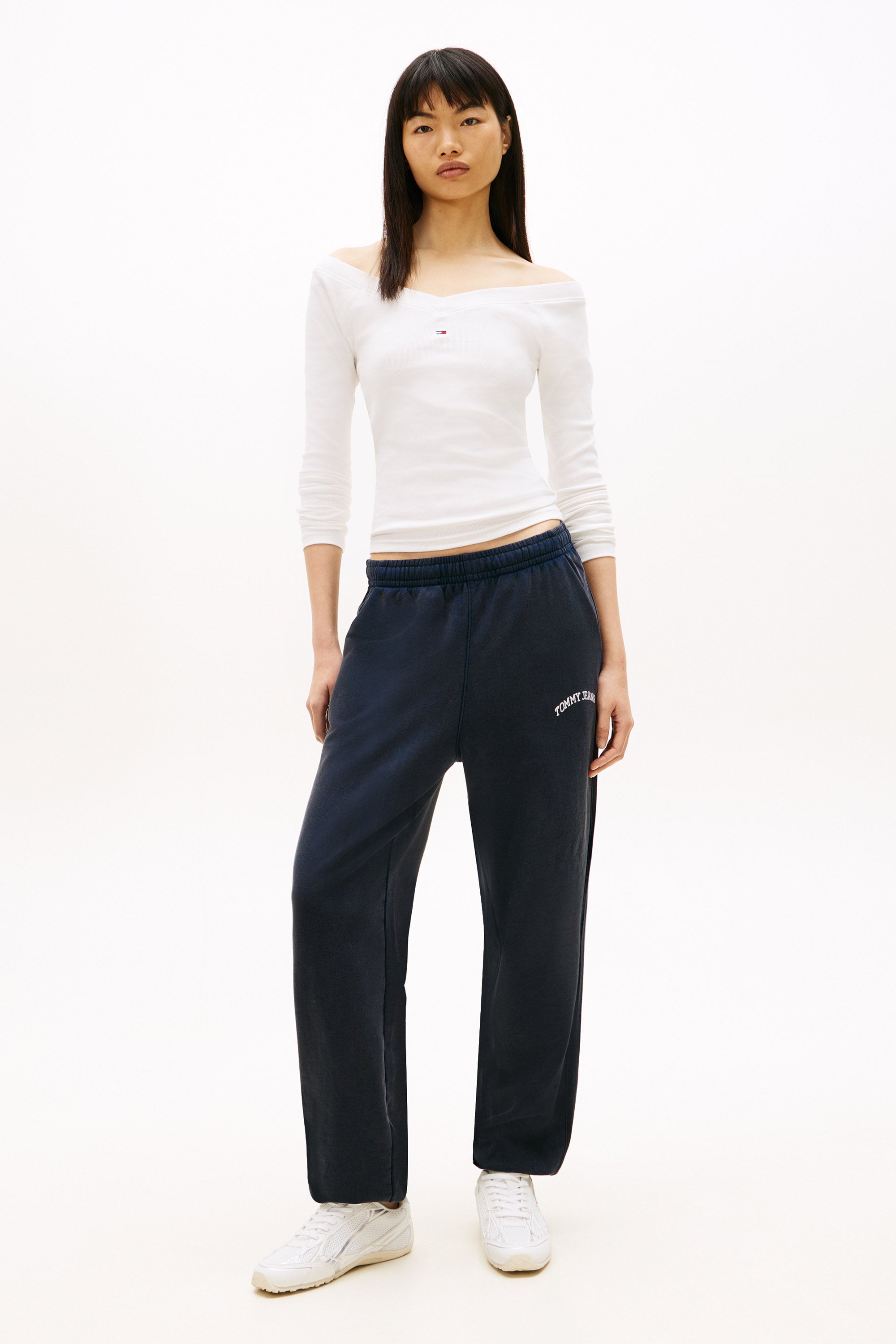 Geripptes Off Shoulder Langarmshirt - Offwhite