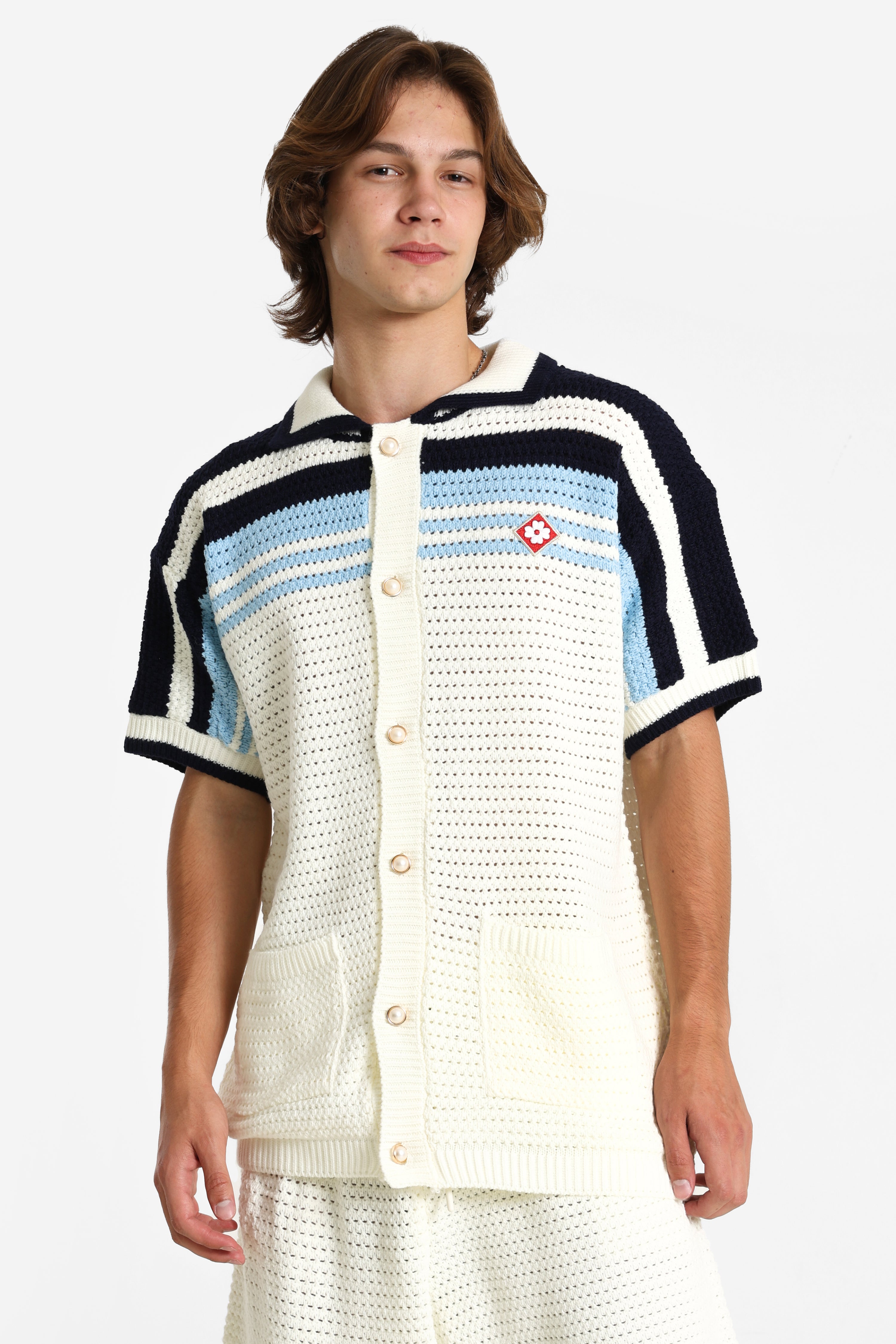 Strickhemd - Offwhite + Blue