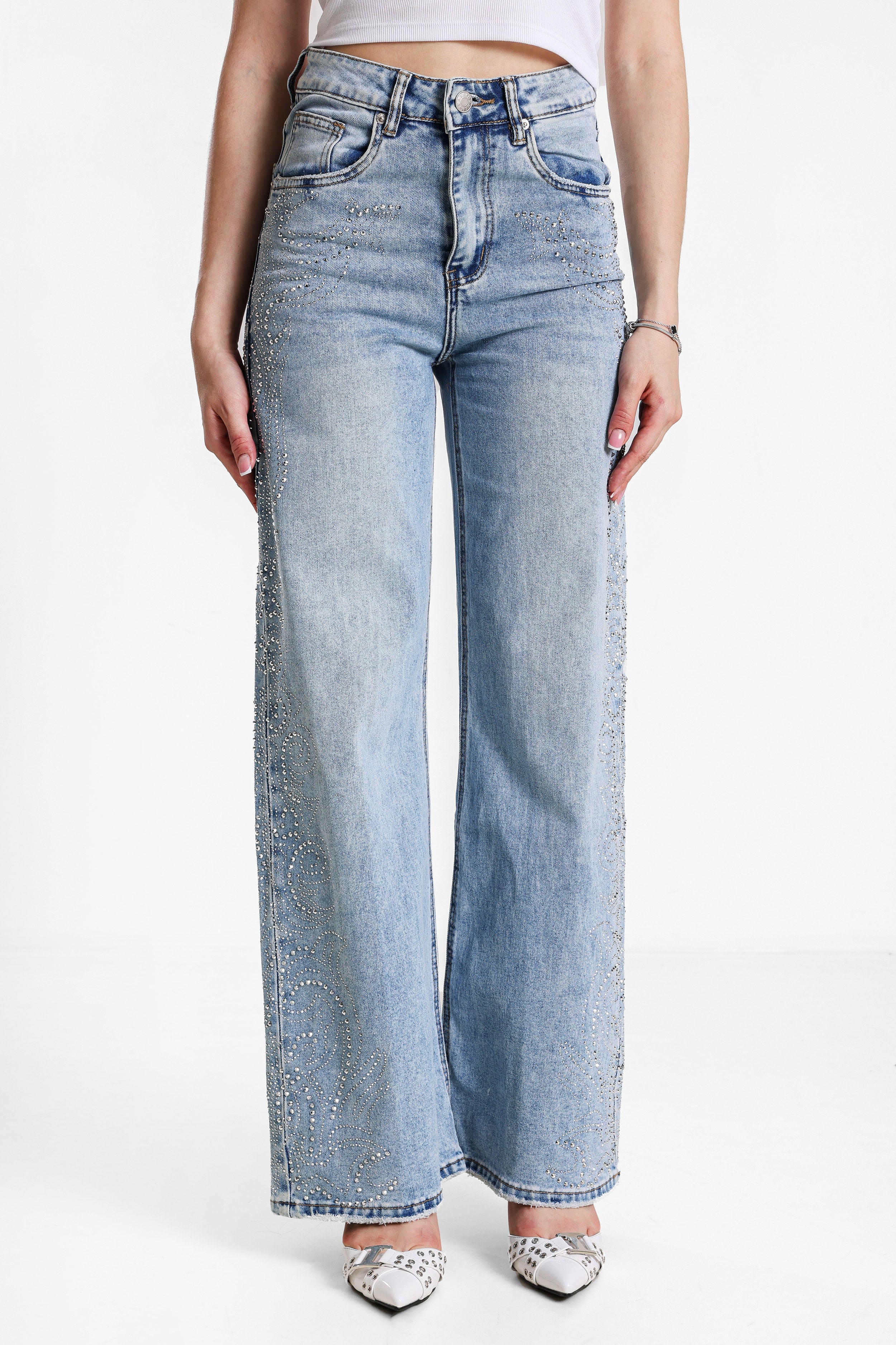 Jean wide leg avec strass - Light Blue Washed