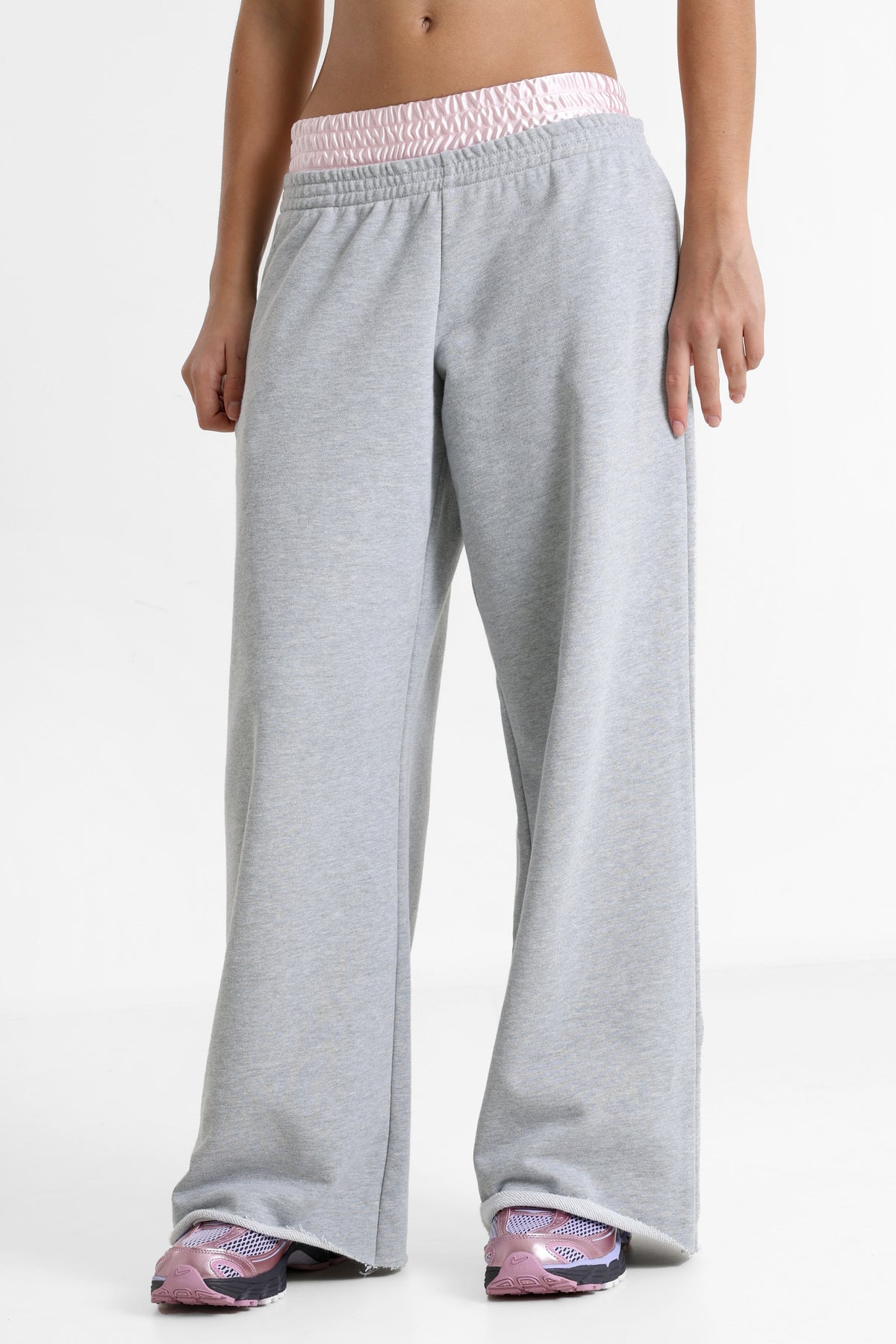 Wide Leg Sweathose - Grau meliert + Rosa