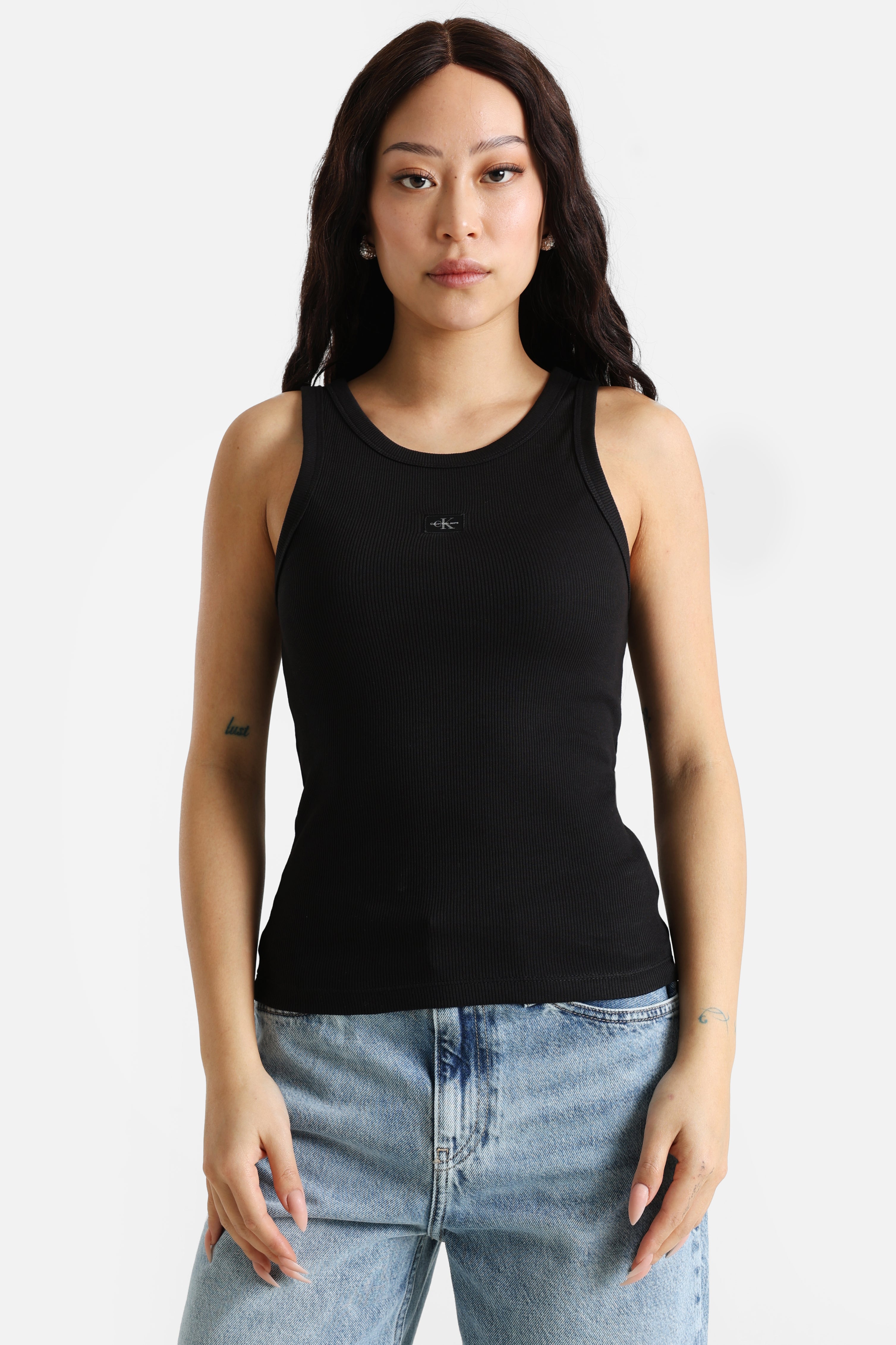 Woven Label ribbed tank top - Black