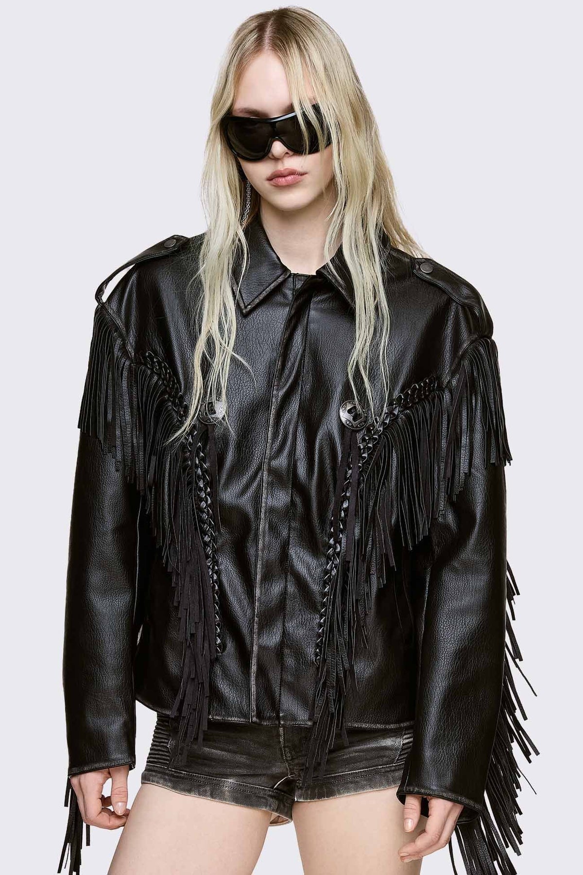 Nomad giacca biker in ecopelle con frange - Black