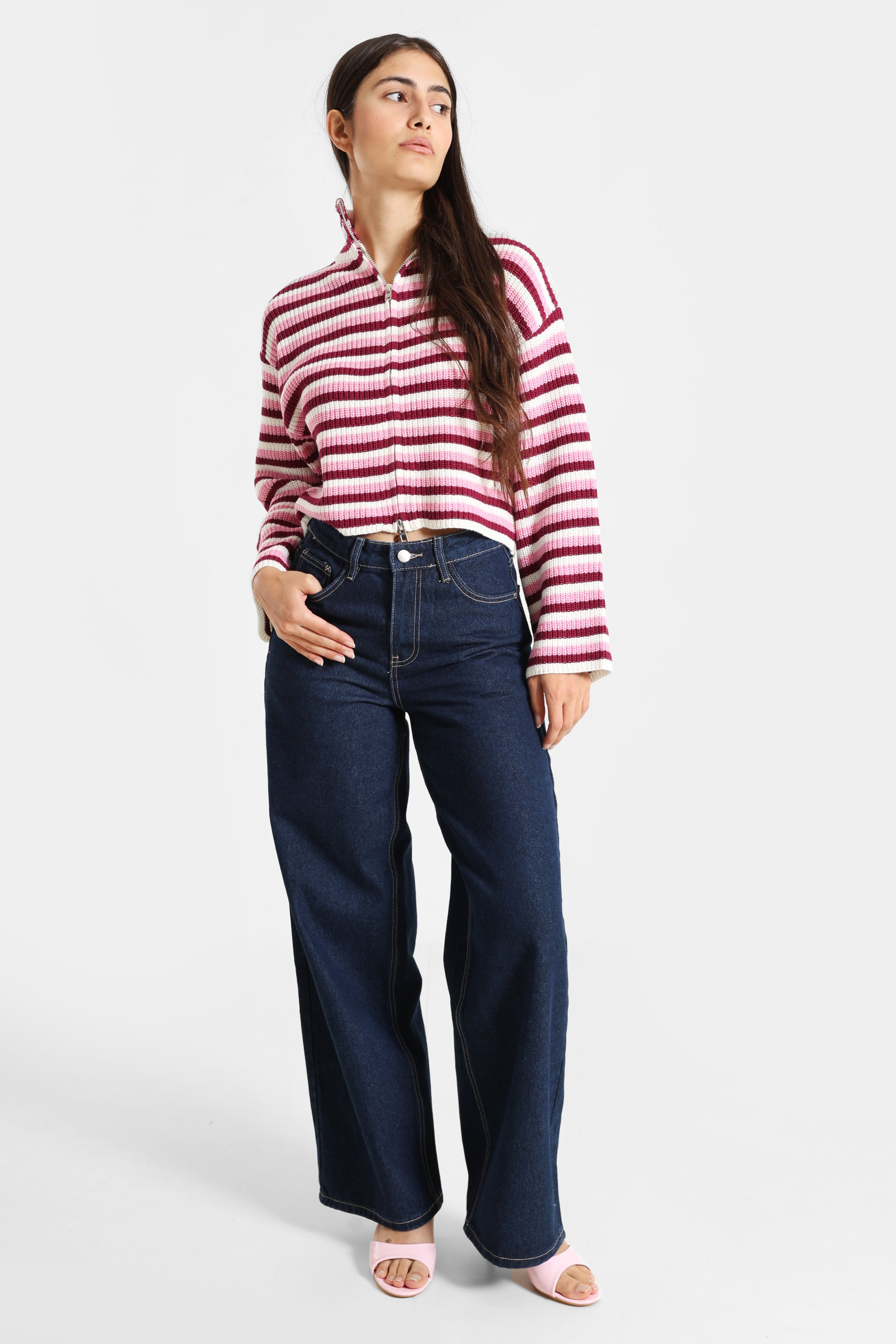Short knitted jacket - Pink + Offwhite + Burgundy