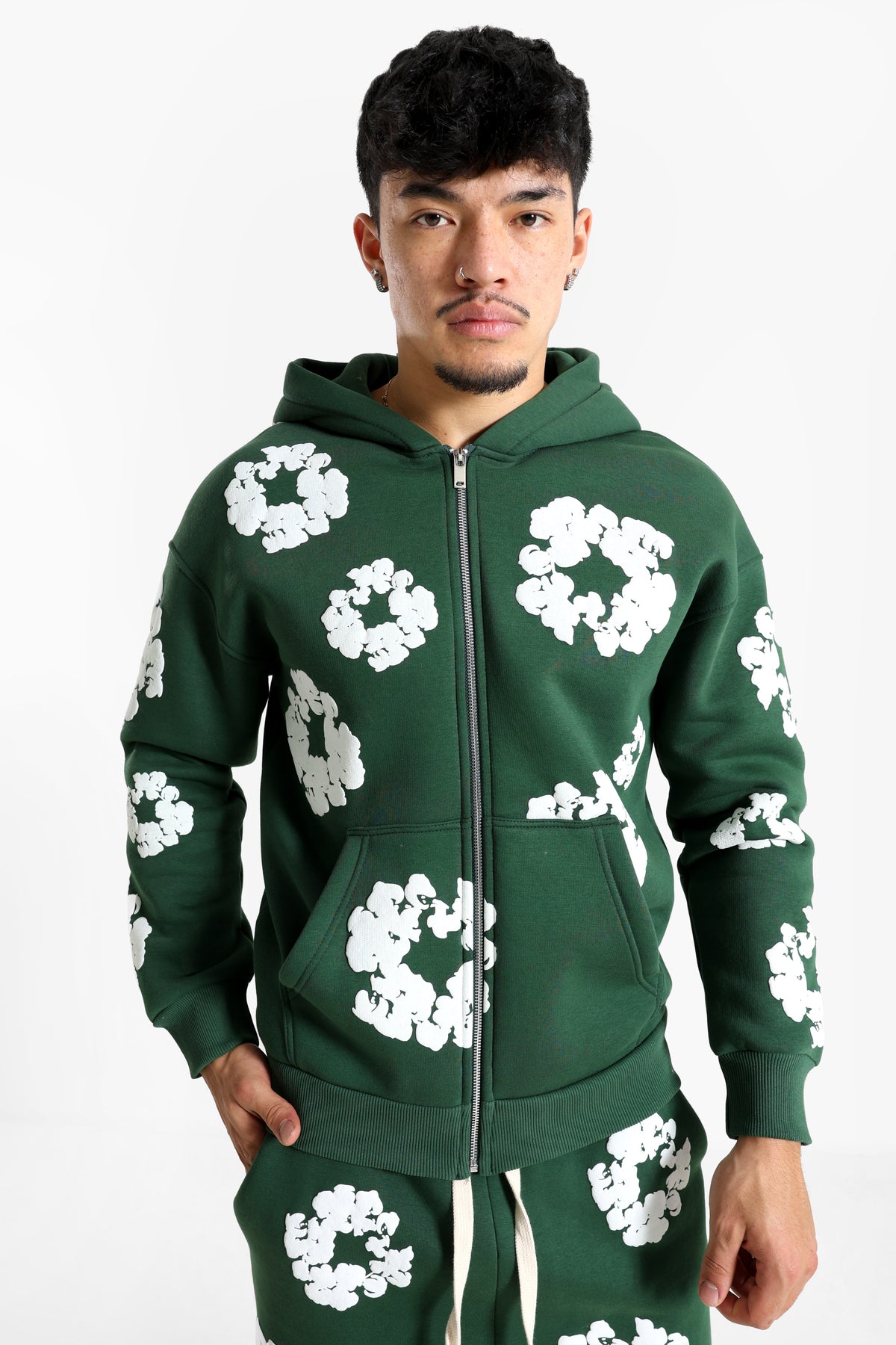 Kapuzensweatjacke - Forest Green + White
