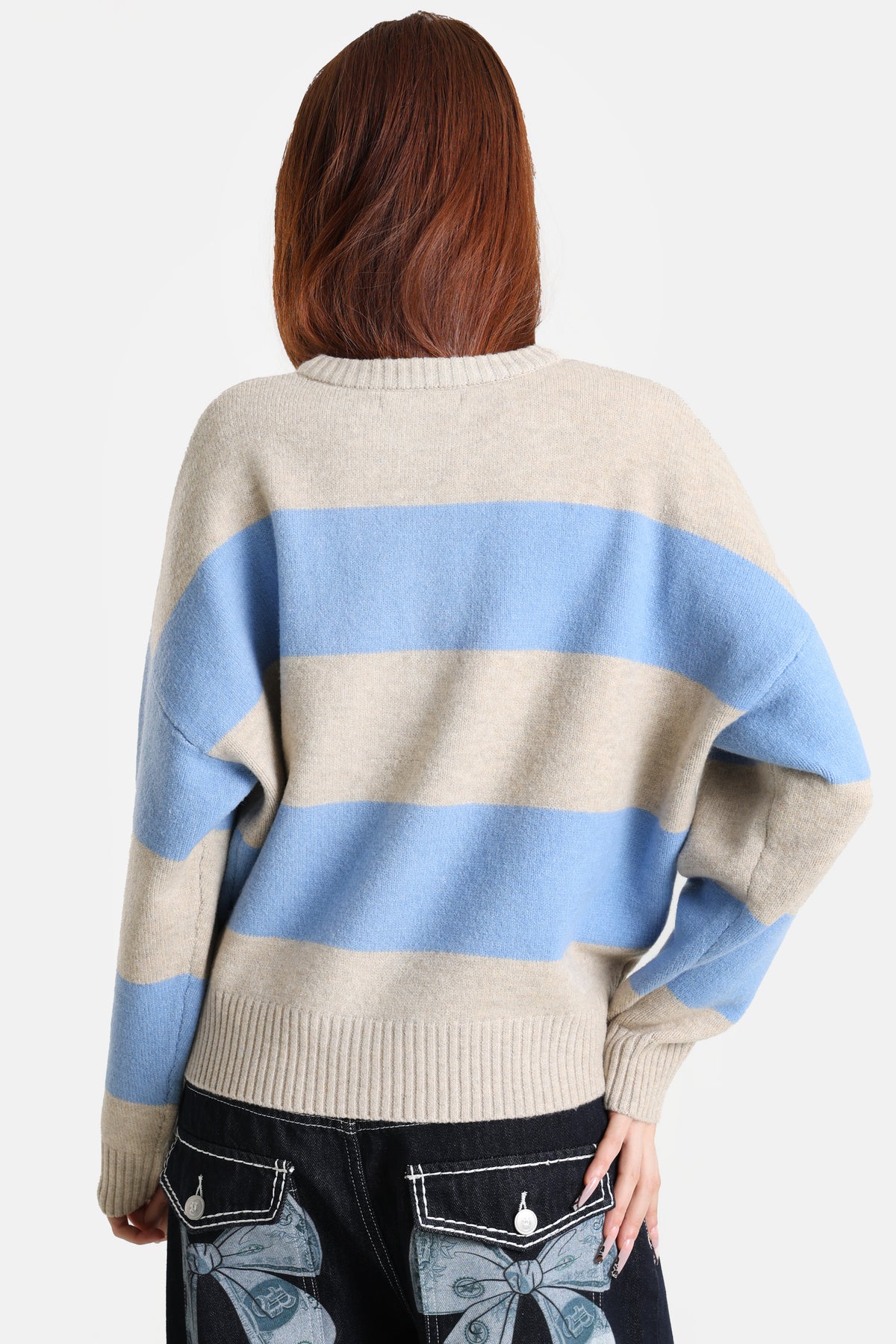 Pull ample en tricot - Beige chiné + Bleu clair